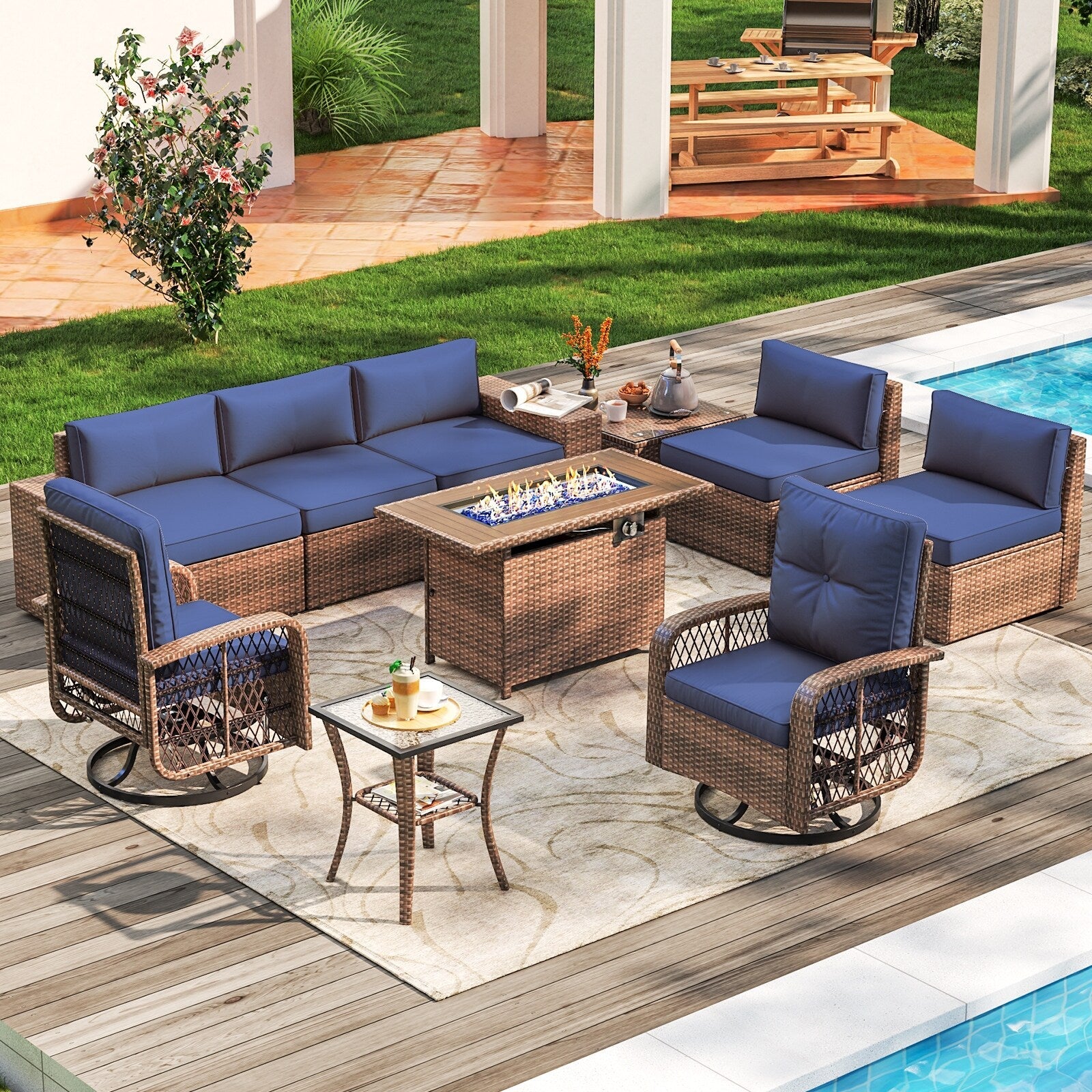 Ensemble de meubles de patio 10 pièces avec table et foyer