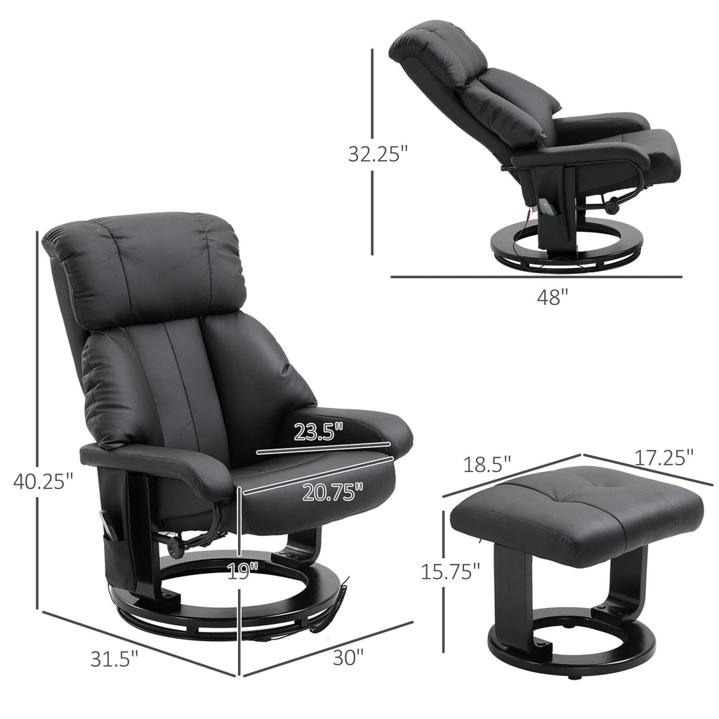 Fauteuil de massage à vibrations 10 points, pivotant et inclinable, en cuir PU, avec dossier réglable, repose-pieds et télécommande