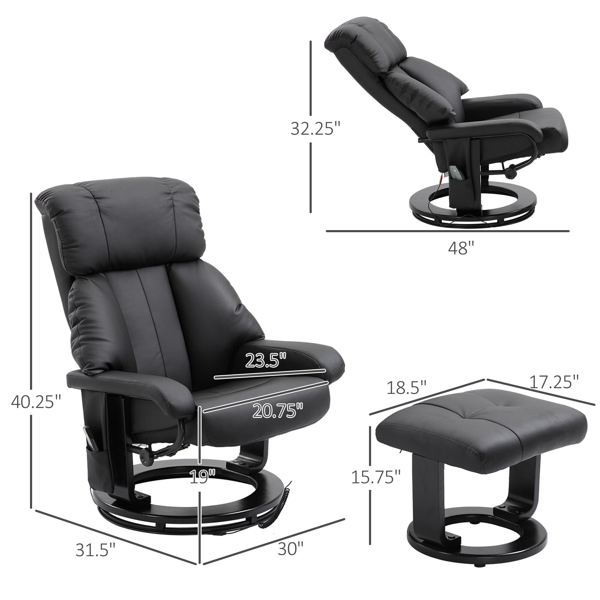 Fauteuil de massage à vibrations 10 points, pivotant et inclinable, en cuir PU, avec dossier réglable, repose-pieds et télécommande