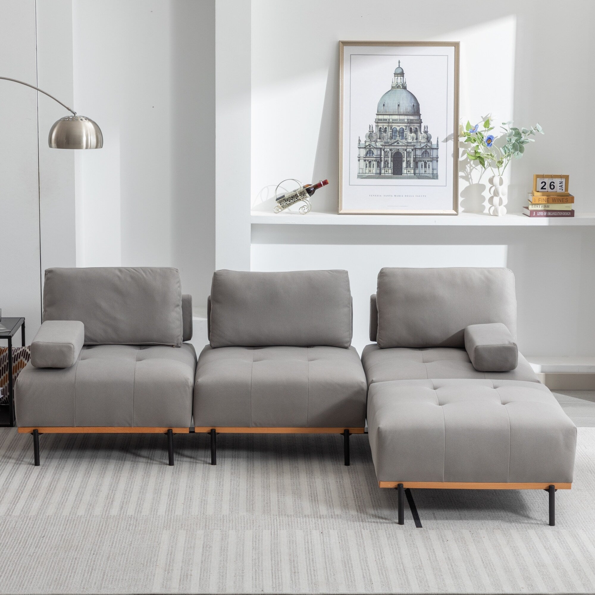 Canapé en L en tissu de 100,7 po avec pouf amovible et pieds en métal