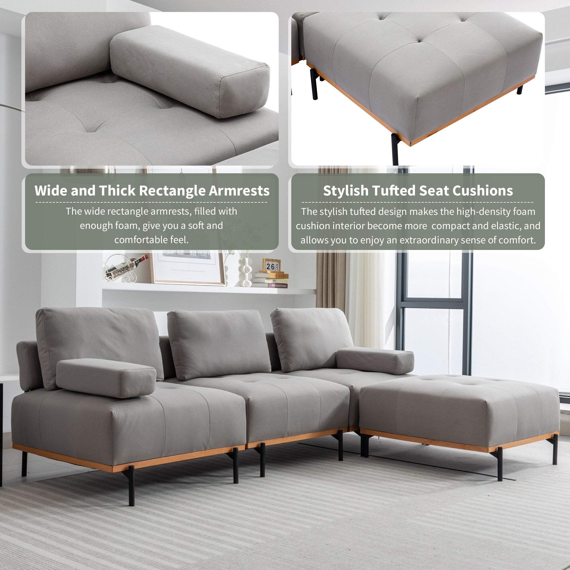 Canapé en L en tissu de 100,7 po avec pouf amovible et pieds en métal