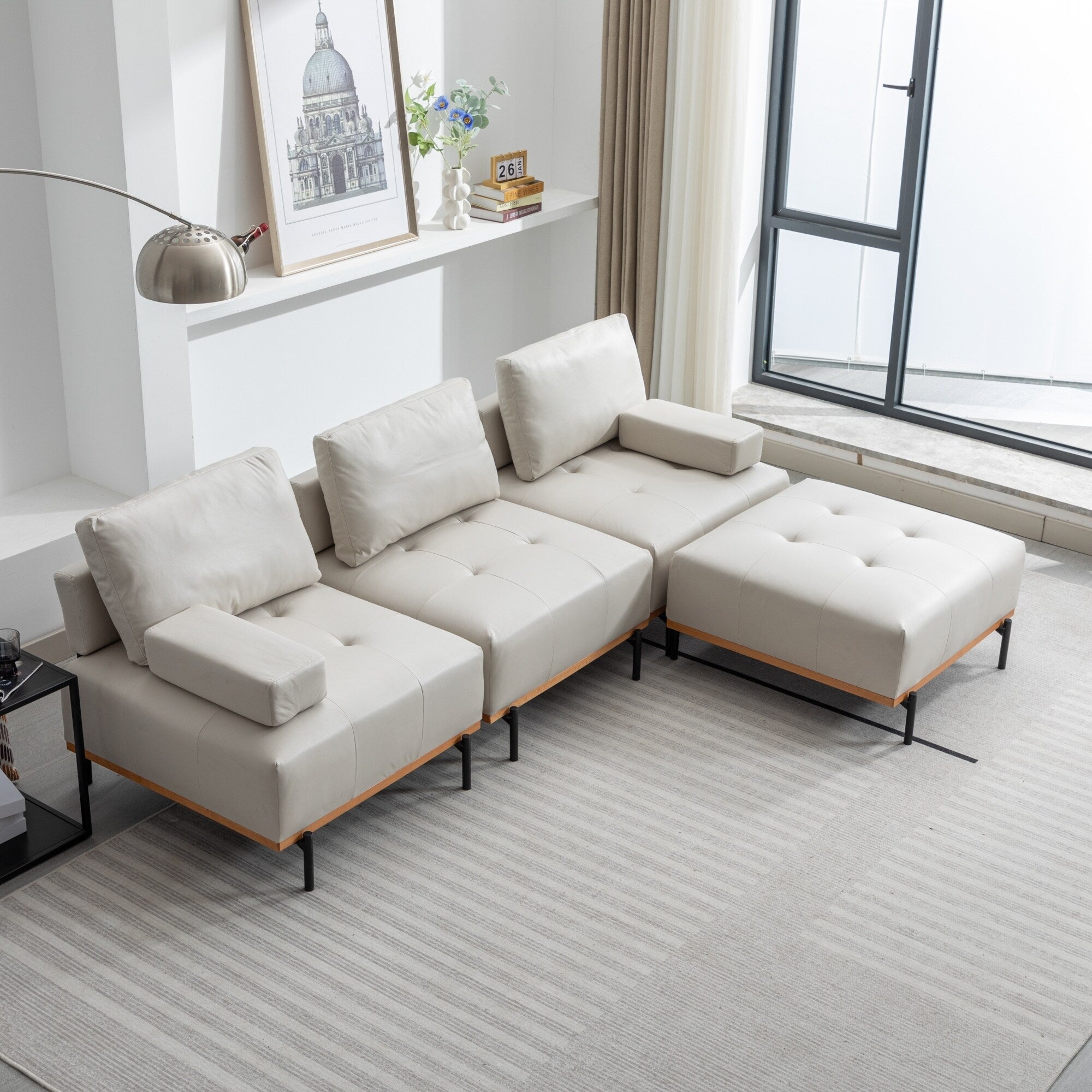 Canapé en L en tissu de 100,7 po avec pouf amovible et pieds en métal