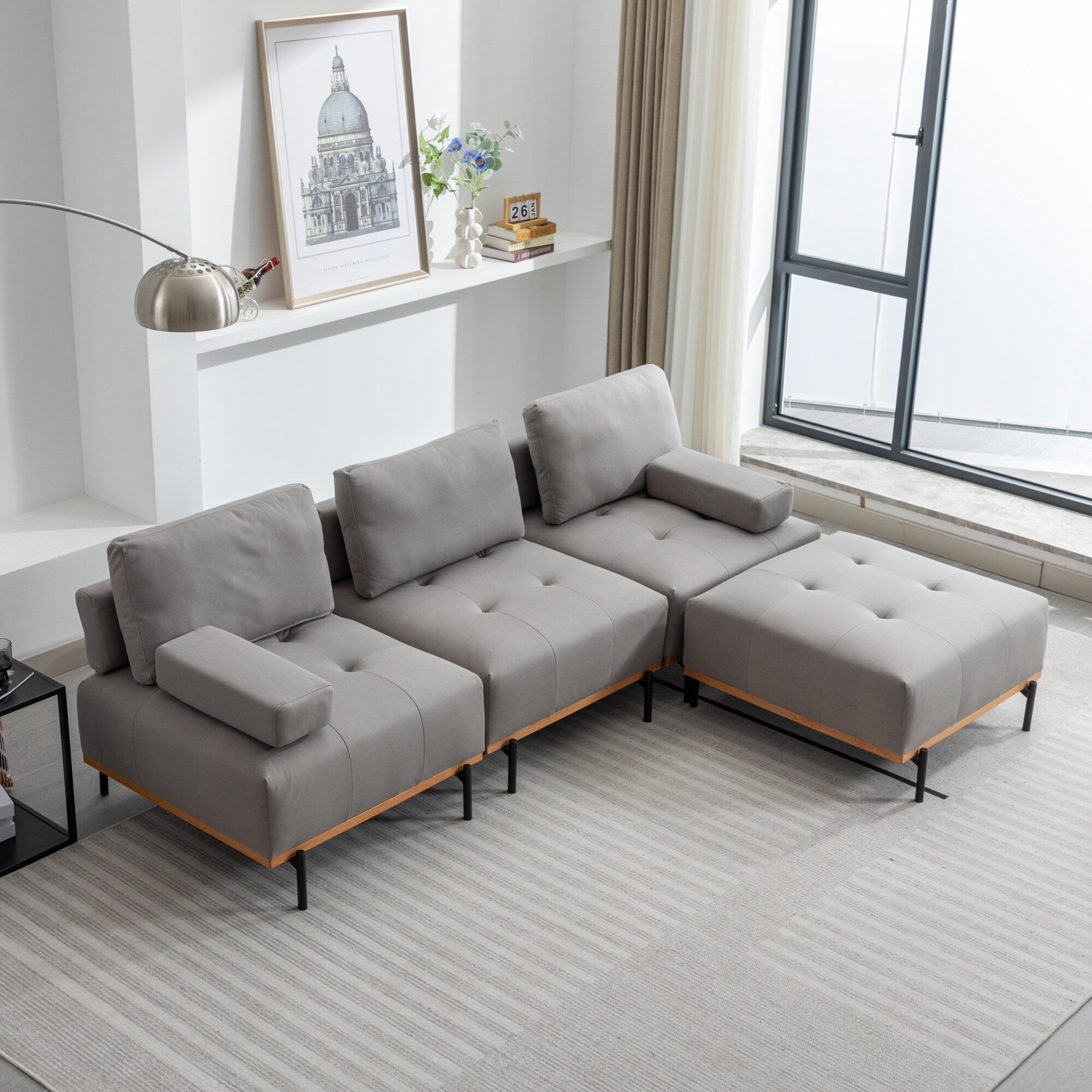 Canapé en L en tissu de 100,7 po avec pouf amovible et pieds en métal