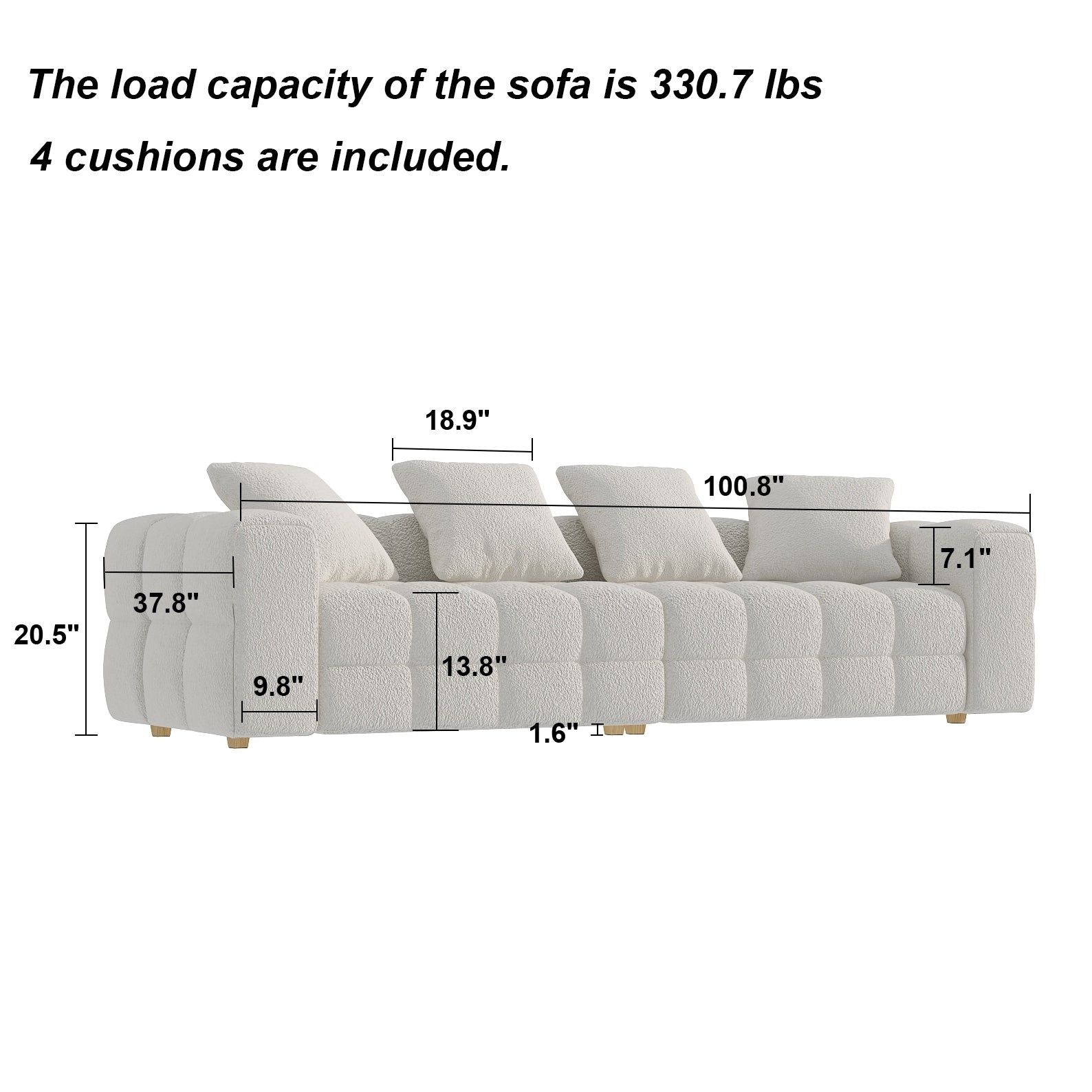 Canapé Teddy en velours blanc avec cadre en bois de 100,8 W pour 4 personnes