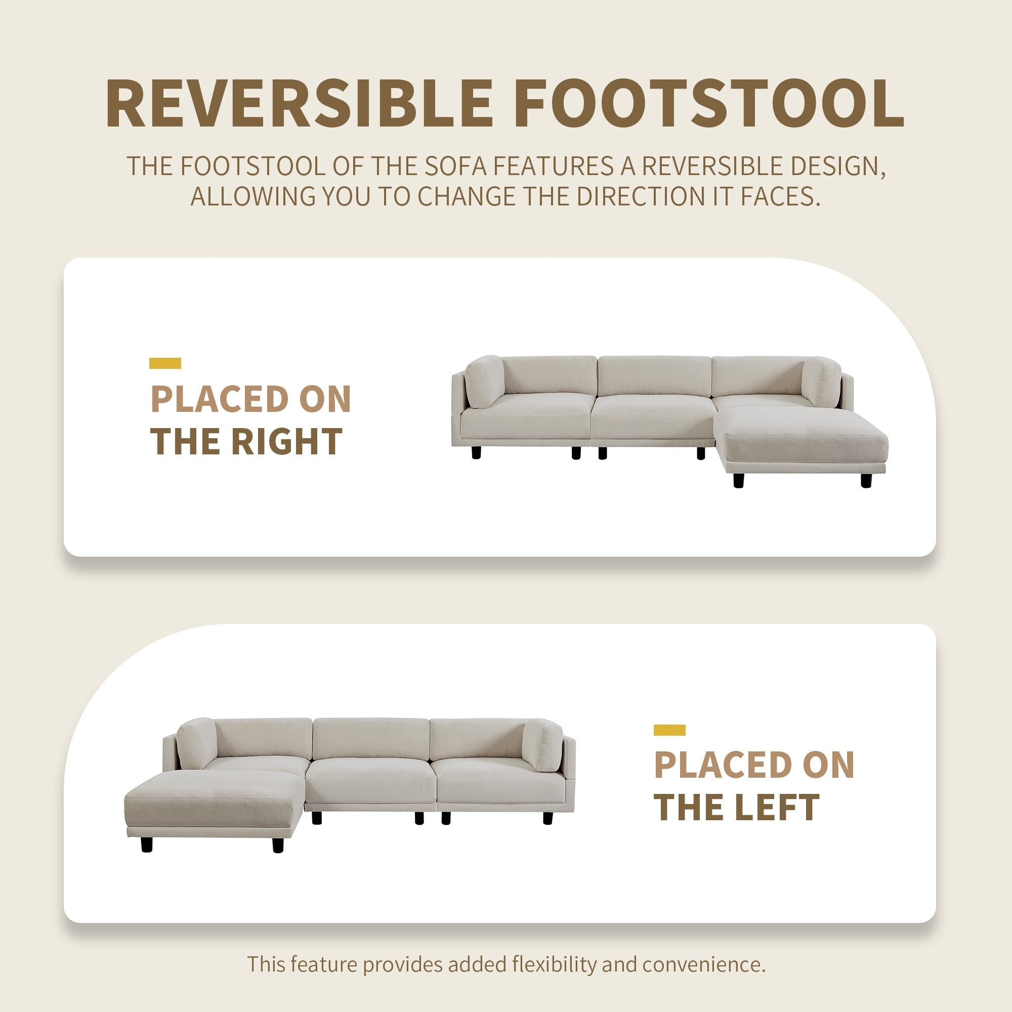 Canapé sectionnel en polyester 102,4 en forme de L avec repose-pieds réversible, coussins épais et pieds en plastique