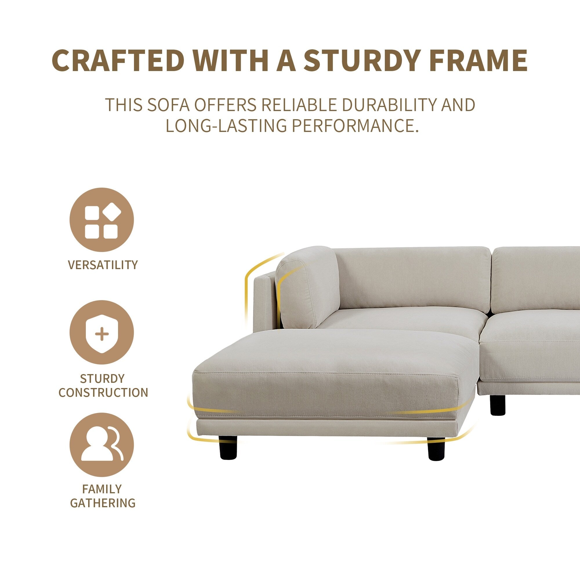 Canapé sectionnel en polyester en forme de L de 102,4 po avec pouf réversible, coussins moelleux et base en plastique robuste