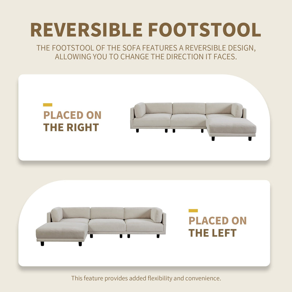 Canapé sectionnel en polyester en forme de L de 102,4 po avec pouf réversible, coussins moelleux et base en plastique robuste