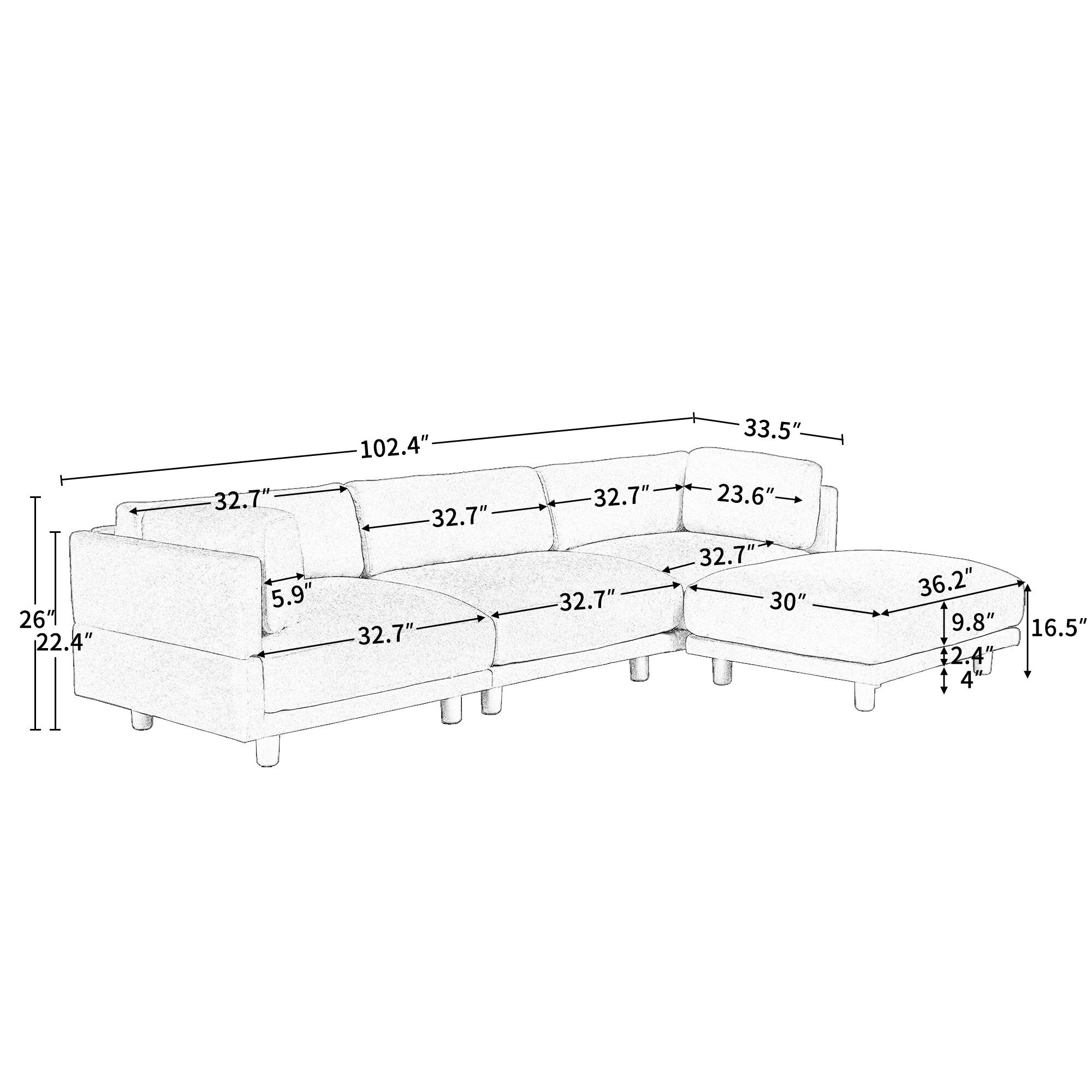 Canapé sectionnel en polyester en forme de L de 102,4 po avec pouf réversible, coussins moelleux et base en plastique robuste