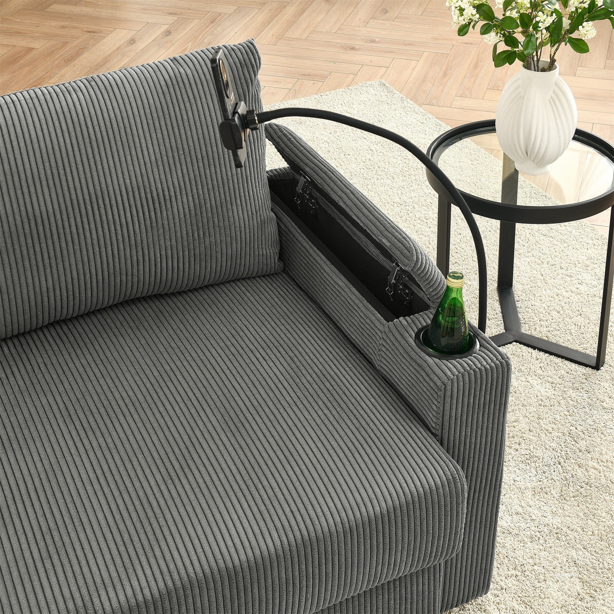 Canapé 3 places moderne en velours côtelé, assise profonde, avec porte-gobelets et support pour téléphone