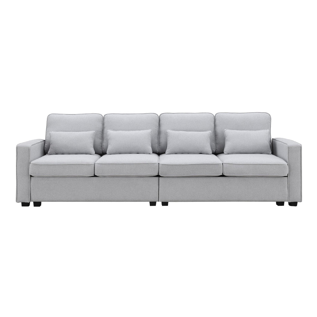 Canapé 4 places moderne en lin avec poches pour accoudoirs et 4 coussins