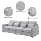 Canapé rembourré 4 places avec poches pour accoudoirs et 4 coussins, canapé moderne en lin de style minimaliste