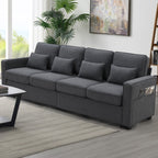 Canapé rembourré 4 places avec poches pour accoudoirs et 4 coussins, canapé moderne en lin de style minimaliste
