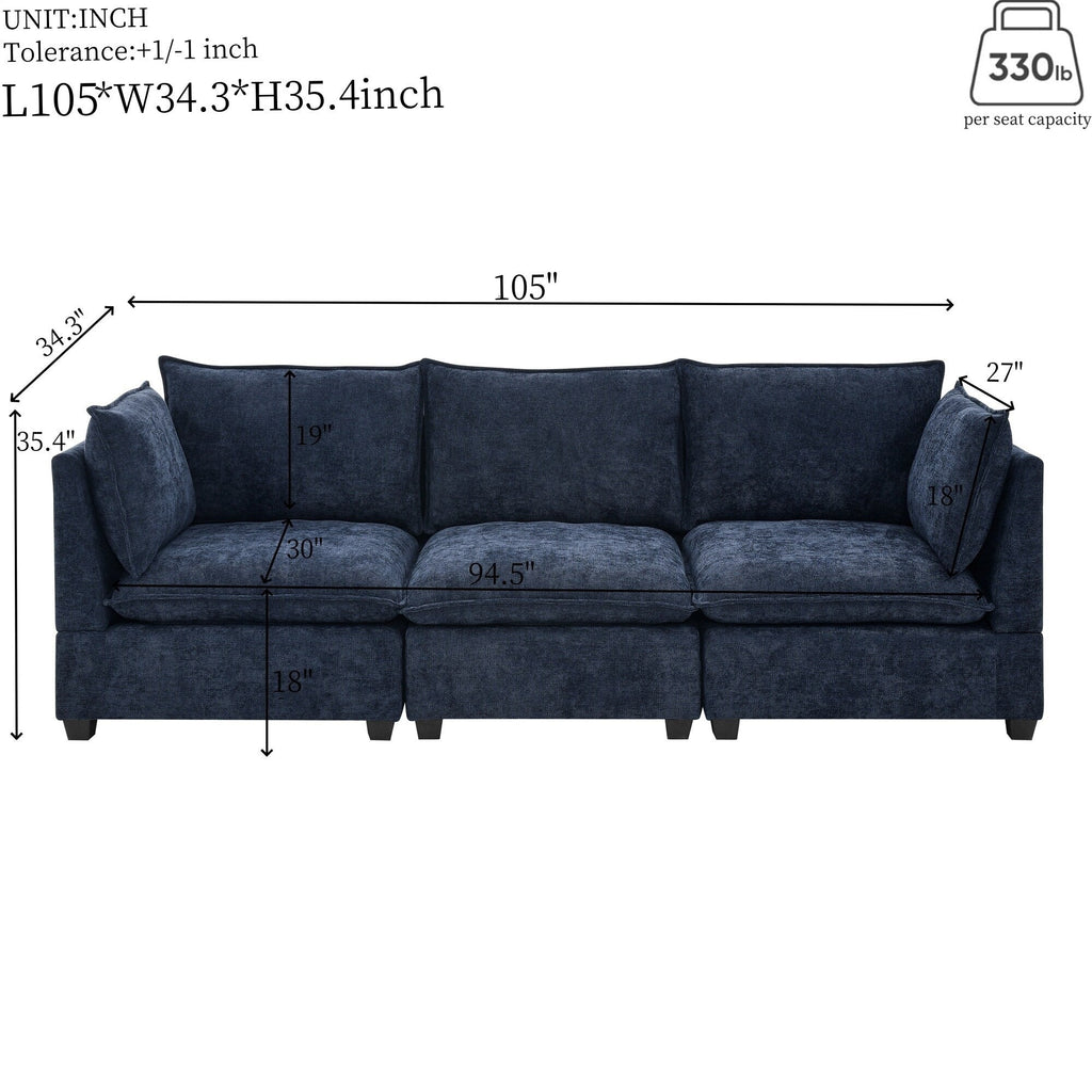 Canapé 3 places en chenille 105 avec coussins à 2 couches et mousse haute résilience