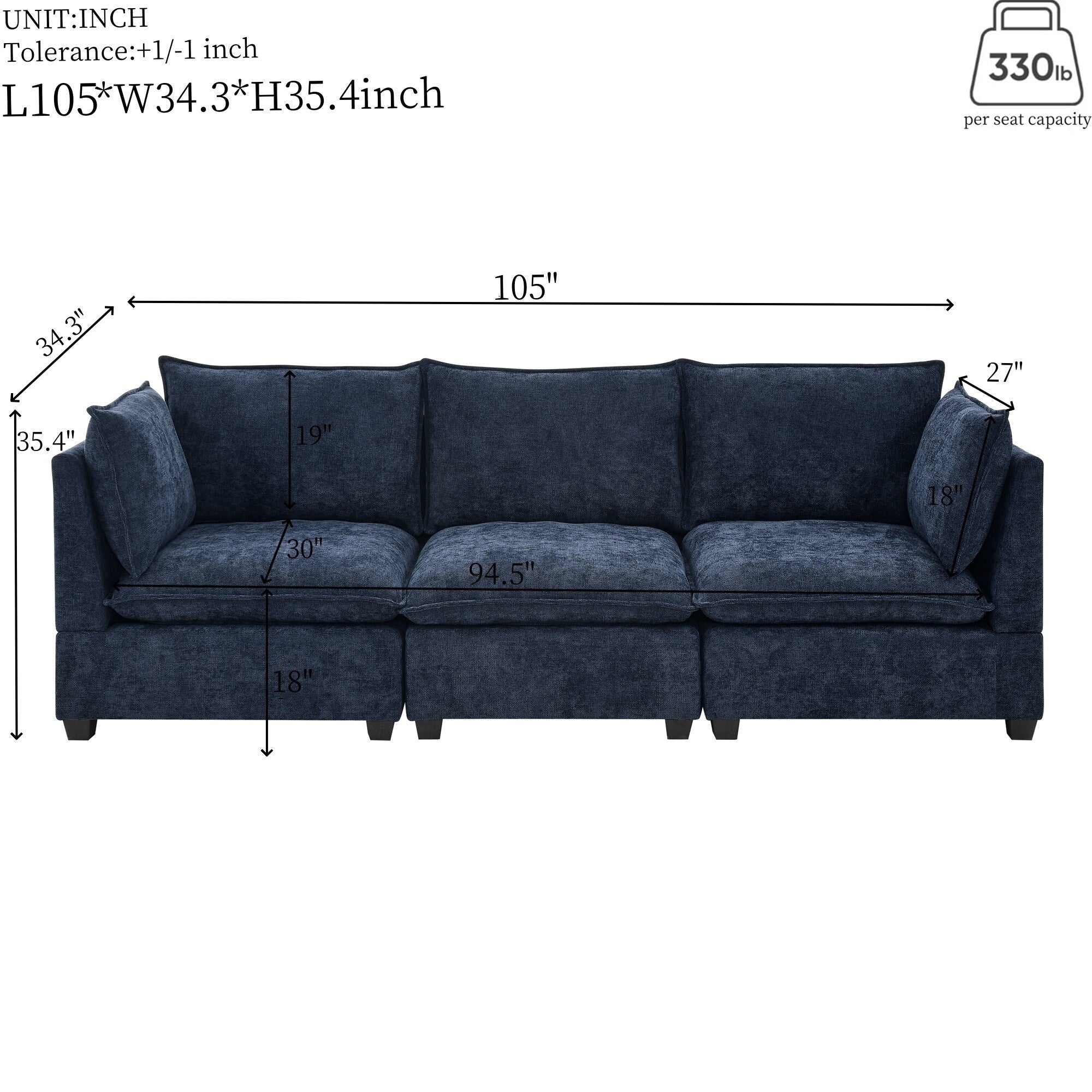 Canapé 3 places en chenille 105 avec coussins à 2 couches et mousse haute résilience
