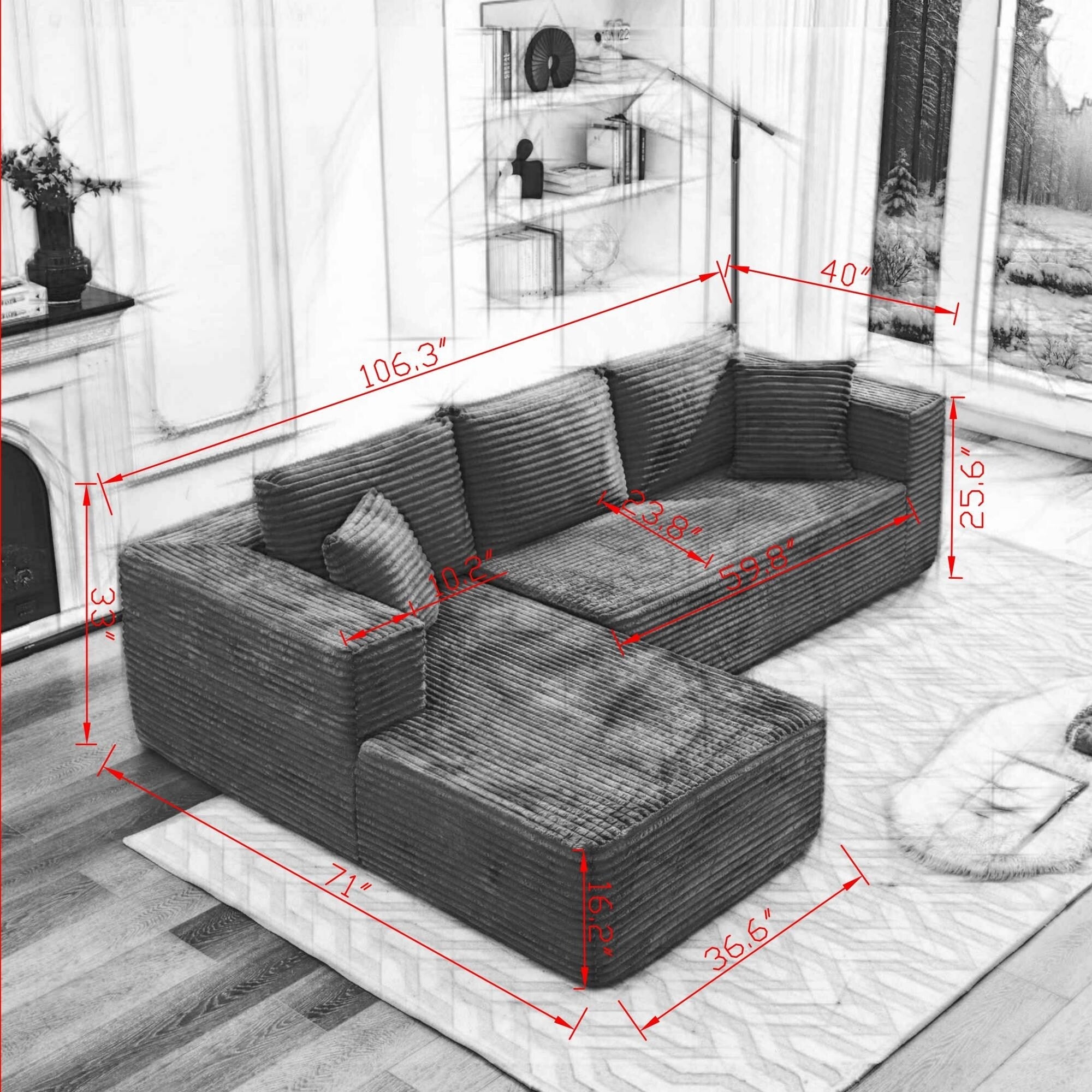 Canapé sectionnel Cloud 106 en forme de L avec méridienne orientée vers la gauche, canapé modulaire moderne à assise profonde pour salon, aucun assemblage requis