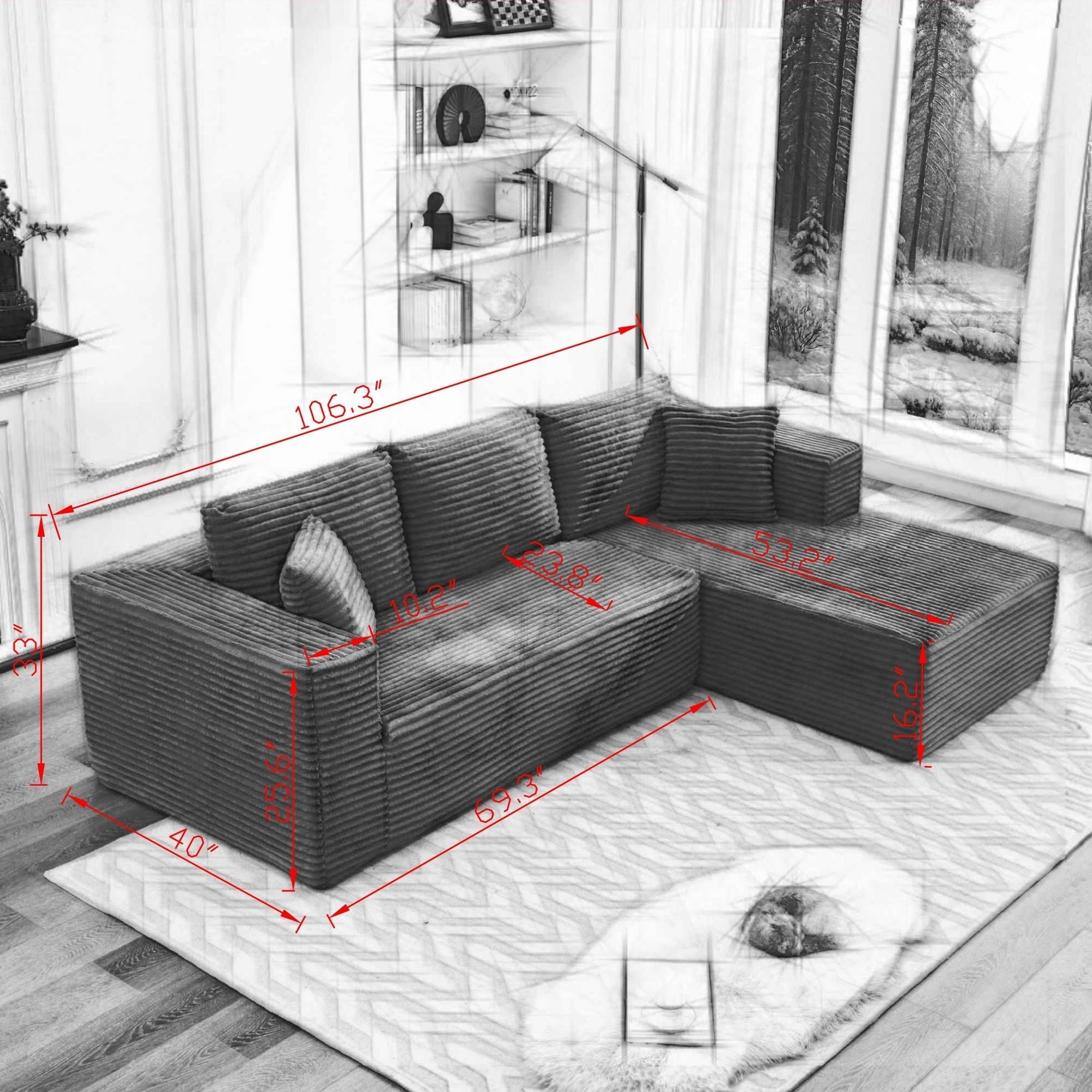Canapé sectionnel Cloud 106 en forme de L avec méridienne orientée vers la droite, canapé modulaire moderne à assise profonde pour salon, aucun assemblage requis