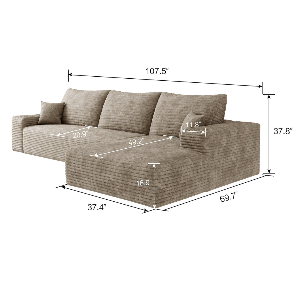 Canapé sectionnel modulaire en velours côtelé de 107 pouces avec méridienne et assise profonde pour salon et chambre à coucher