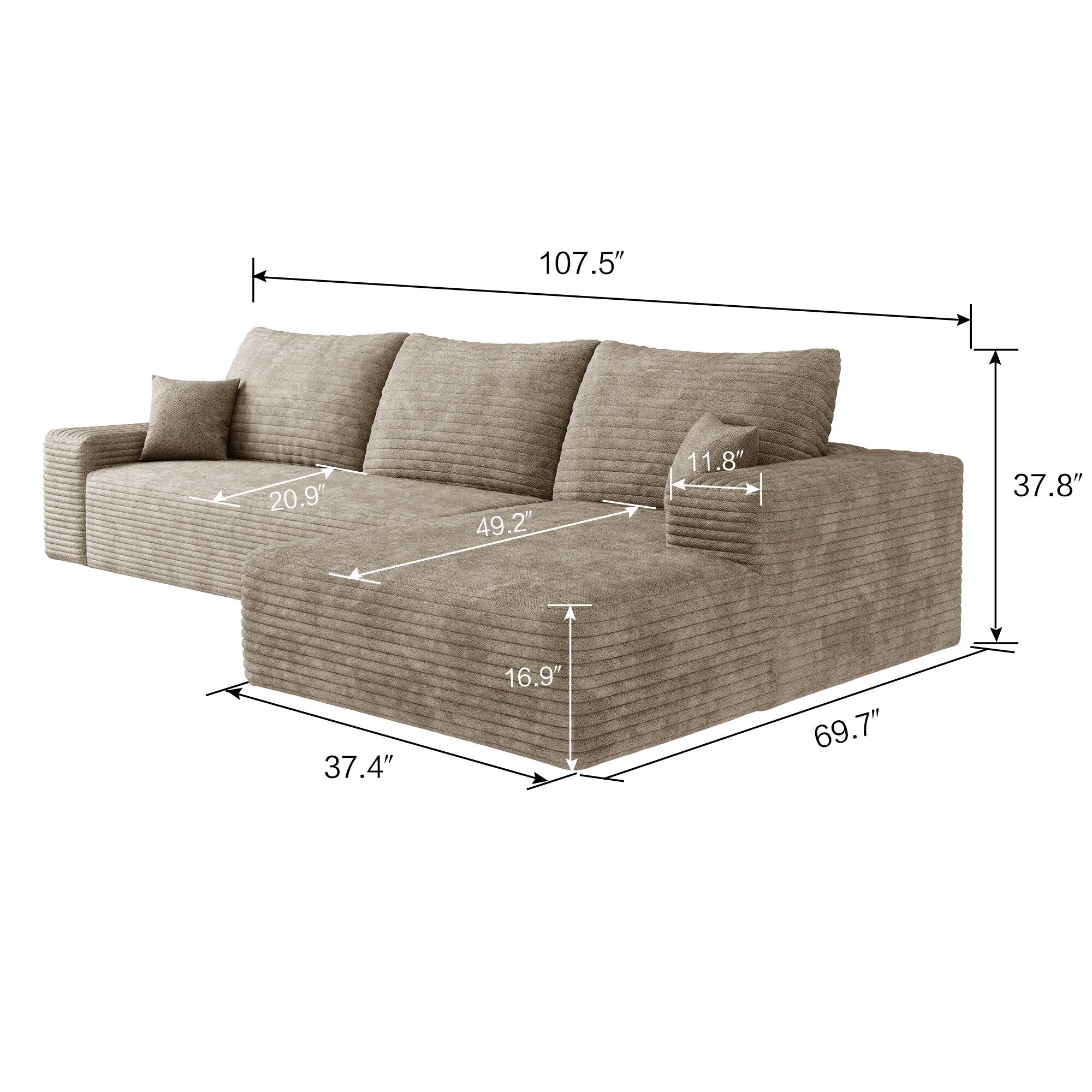 Canapé sectionnel modulaire en velours côtelé de 107 pouces avec méridienne et assise profonde pour salon et chambre à coucher