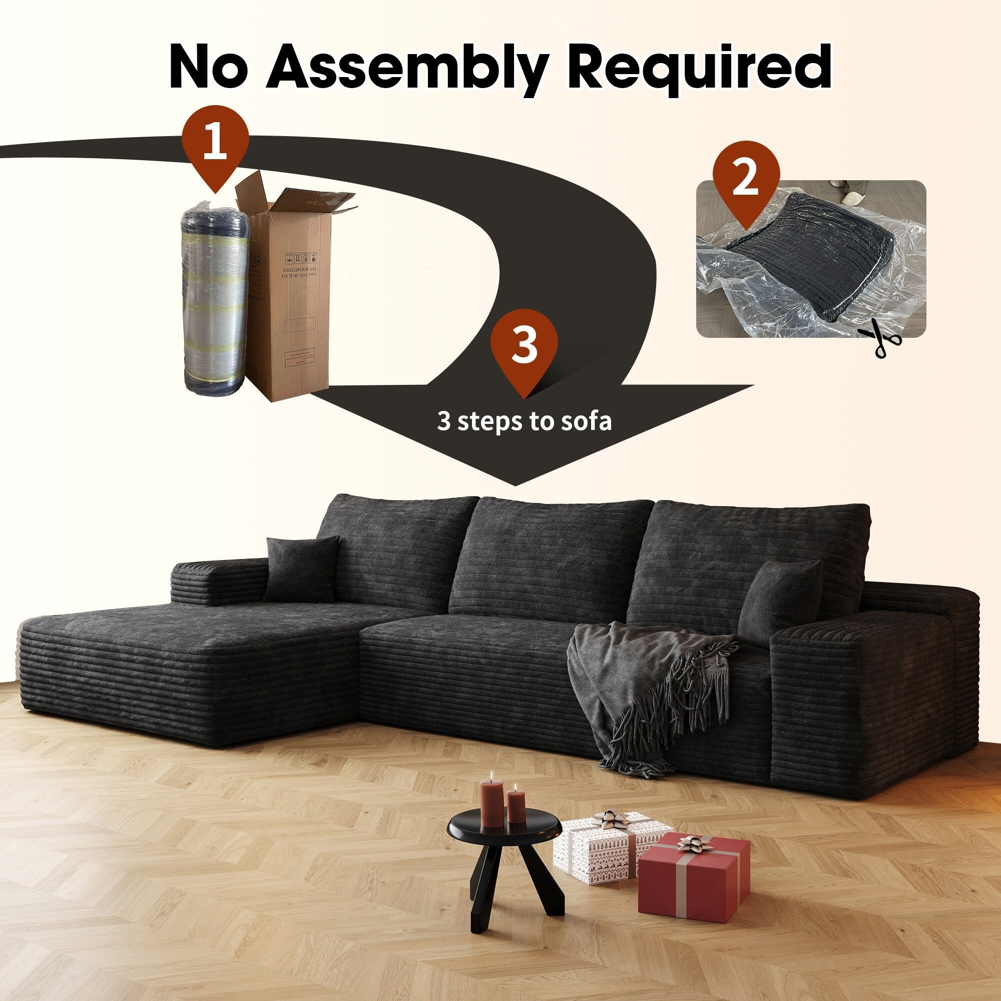 Canapé sectionnel modulaire en velours côtelé de 107 pouces avec méridienne et assise profonde pour salon et chambre à coucher