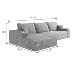 Canapé sectionnel modulaire en velours côtelé de 107 pouces avec méridienne et assise profonde pour salon et chambre à coucher