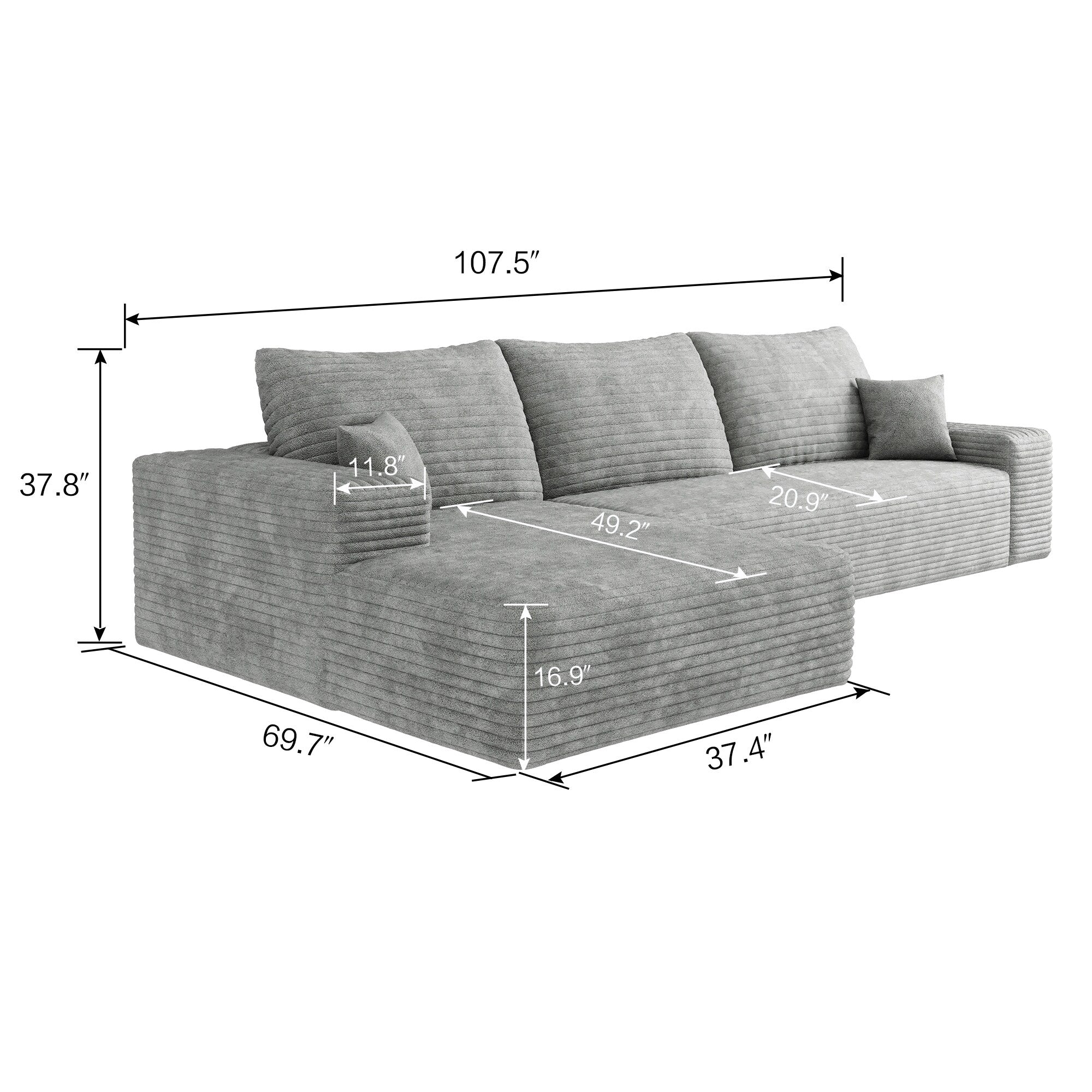 Canapé sectionnel modulaire en velours côtelé de 107 pouces avec méridienne et assise profonde pour salon et chambre à coucher