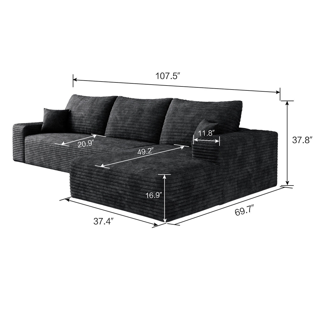 Canapé sectionnel modulaire en velours côtelé de 107 pouces avec méridienne et assise profonde pour salon et chambre à coucher