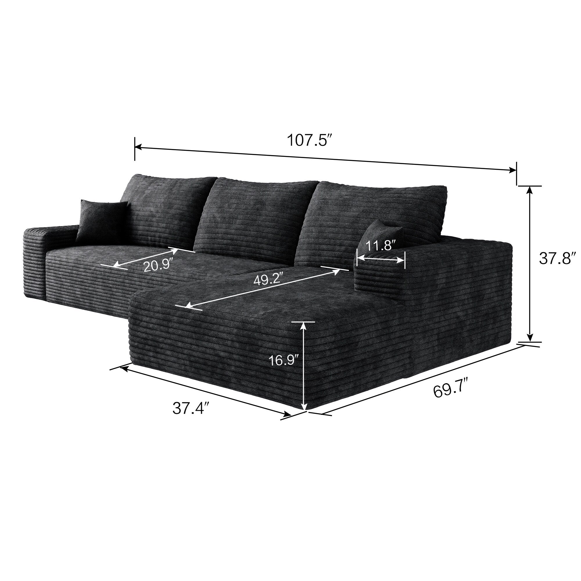 Canapé sectionnel modulaire en velours côtelé de 107 pouces avec méridienne et assise profonde pour salon et chambre à coucher
