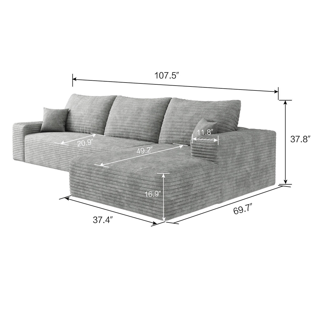 Canapé sectionnel modulaire en velours côtelé de 107 pouces avec méridienne et assise profonde pour salon et chambre à coucher