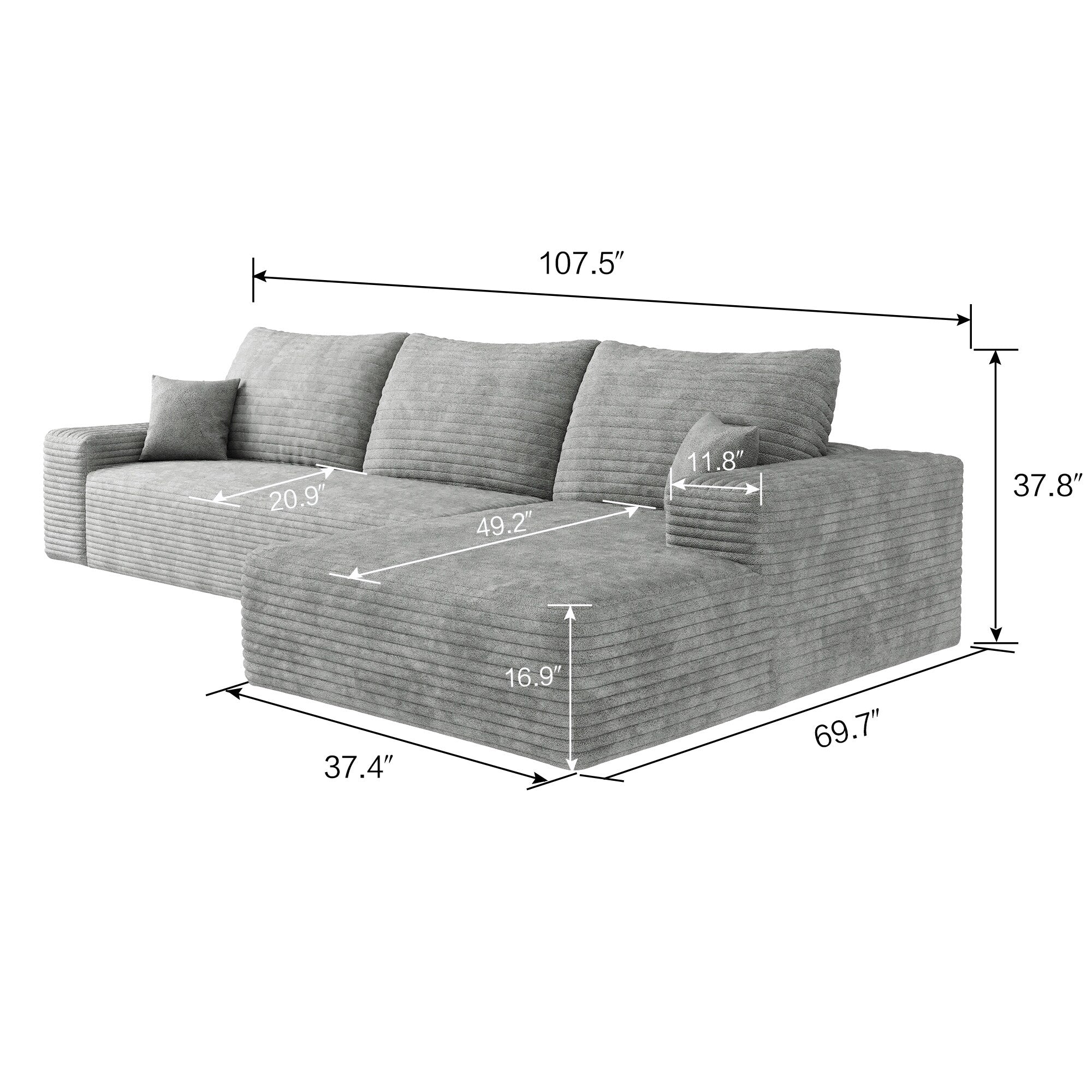 Canapé sectionnel modulaire en velours côtelé de 107 pouces avec méridienne et assise profonde pour salon et chambre à coucher