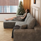 Canapé sectionnel modulaire en velours côtelé de 107 pouces avec méridienne et assise profonde pour salon et chambre à coucher