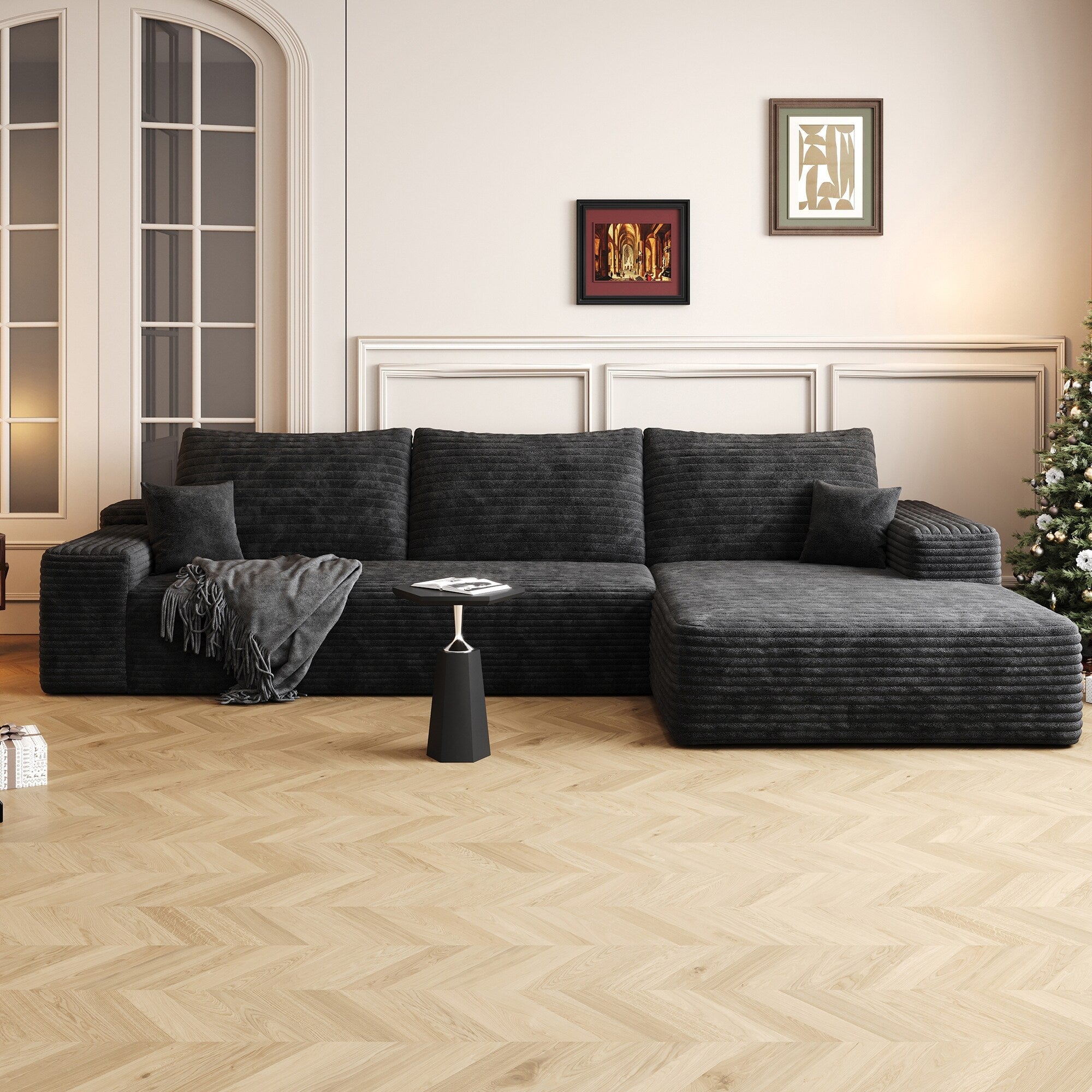 Canapé sectionnel modulaire en velours côtelé de 107 pouces avec méridienne et assise profonde pour salon et chambre à coucher