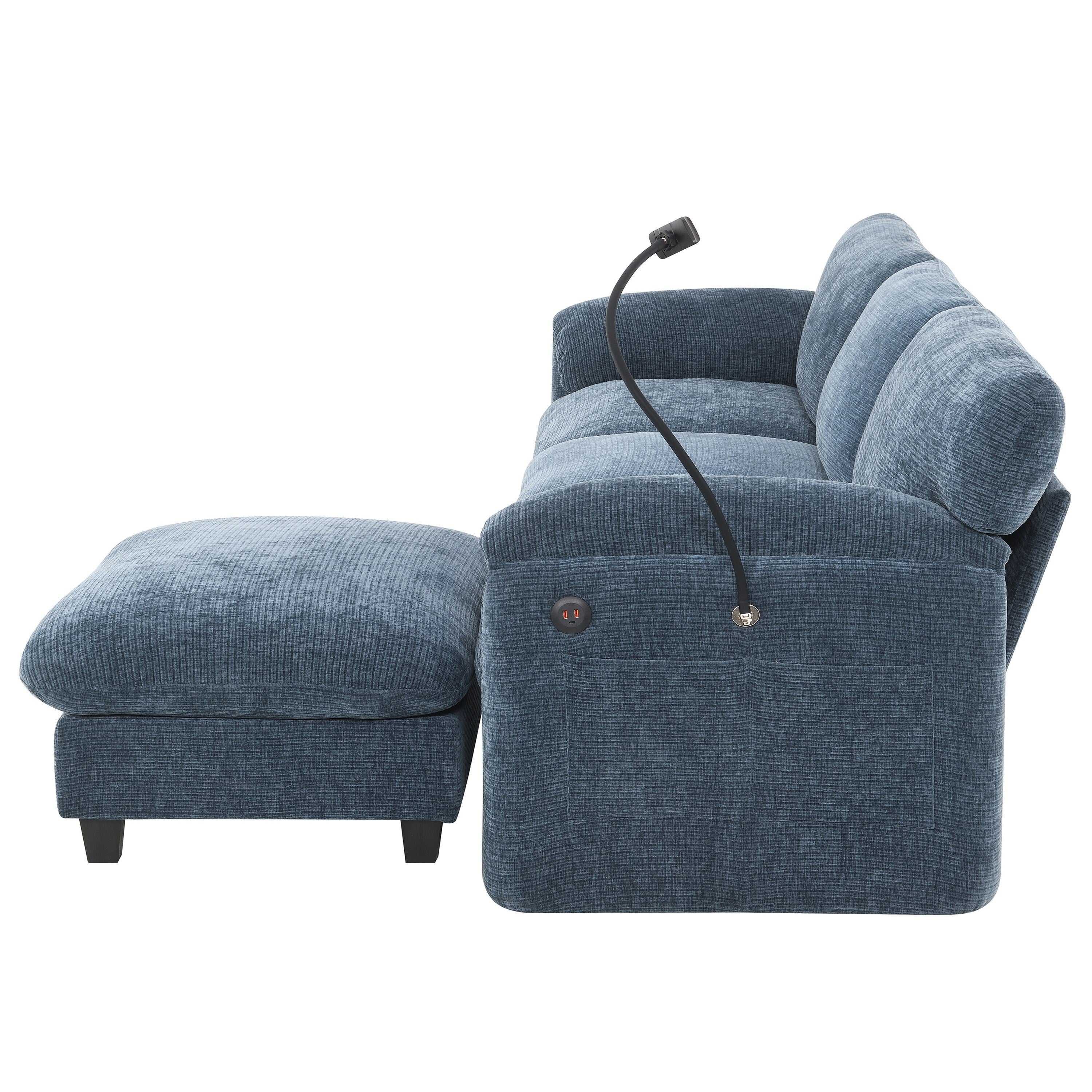 Canapé sectionnel modulaire en chenille de 108 pouces avec ports USB et Type-C, supports pour téléphone, poches de rangement latérales et pouf amovible