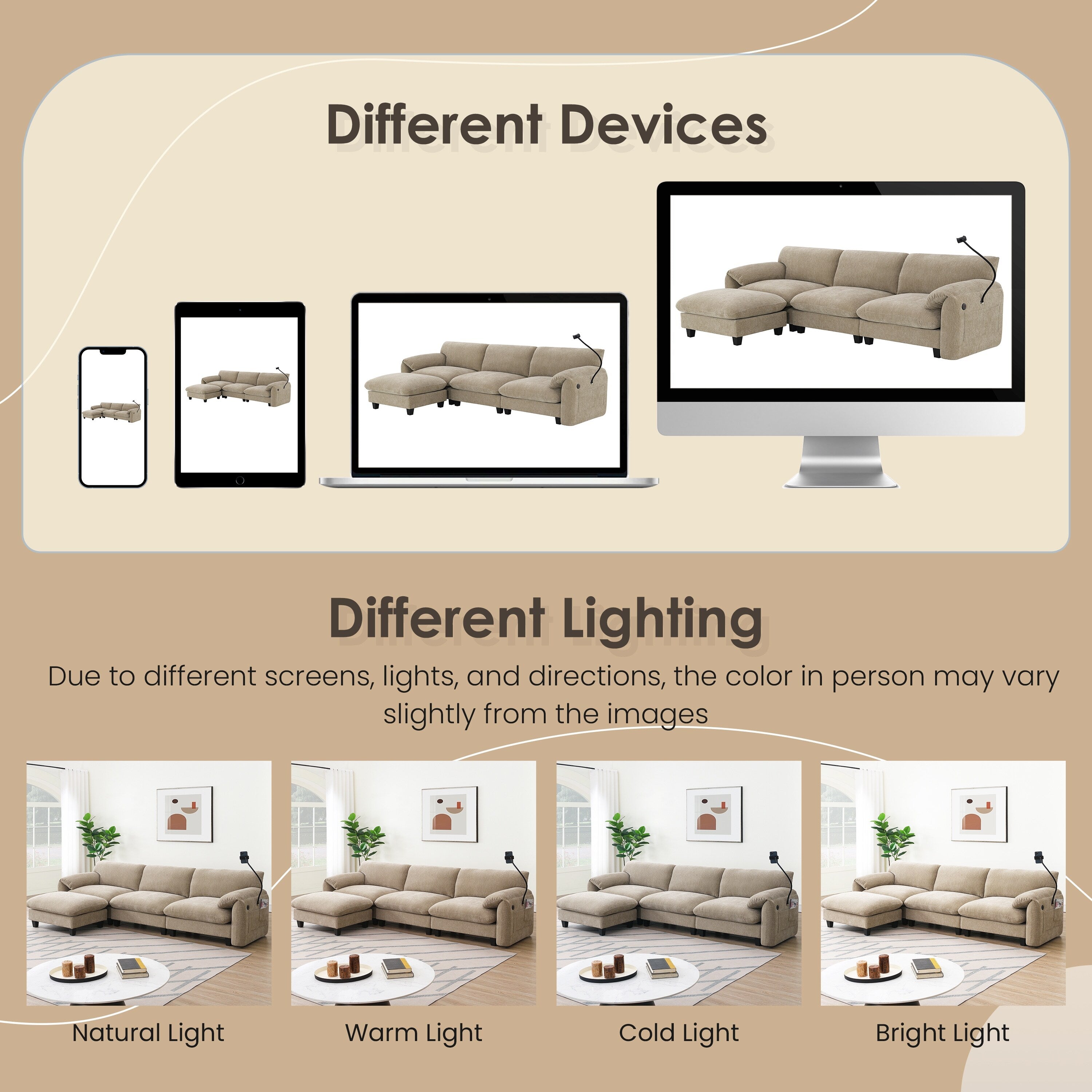 Canapé sectionnel modulaire en chenille de 108 pouces avec ports USB et Type-C, supports pour téléphone, poches de rangement latérales et pouf amovible