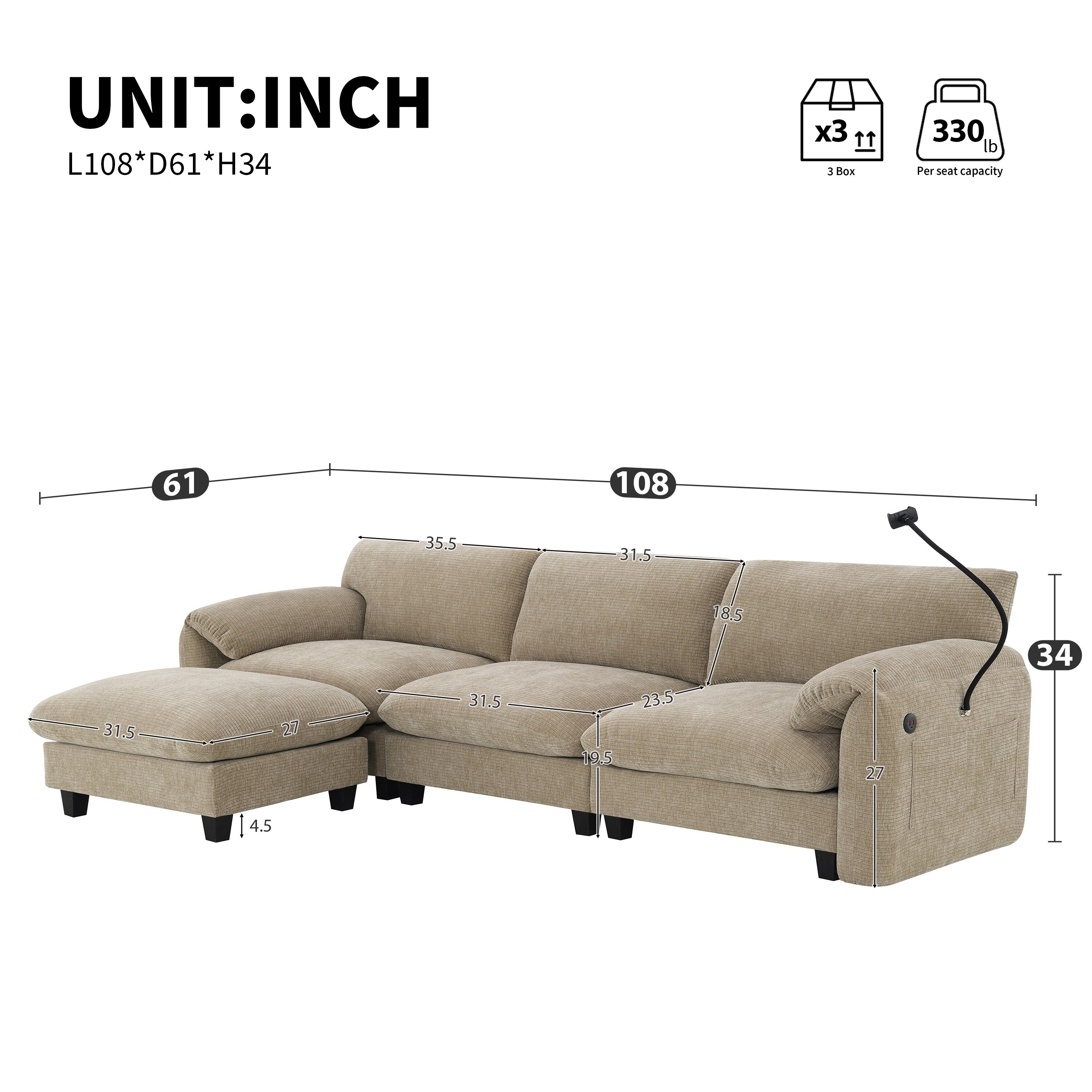 Canapé sectionnel modulaire en chenille de 108 pouces avec ports USB et Type-C, supports pour téléphone, poches de rangement latérales et pouf amovible