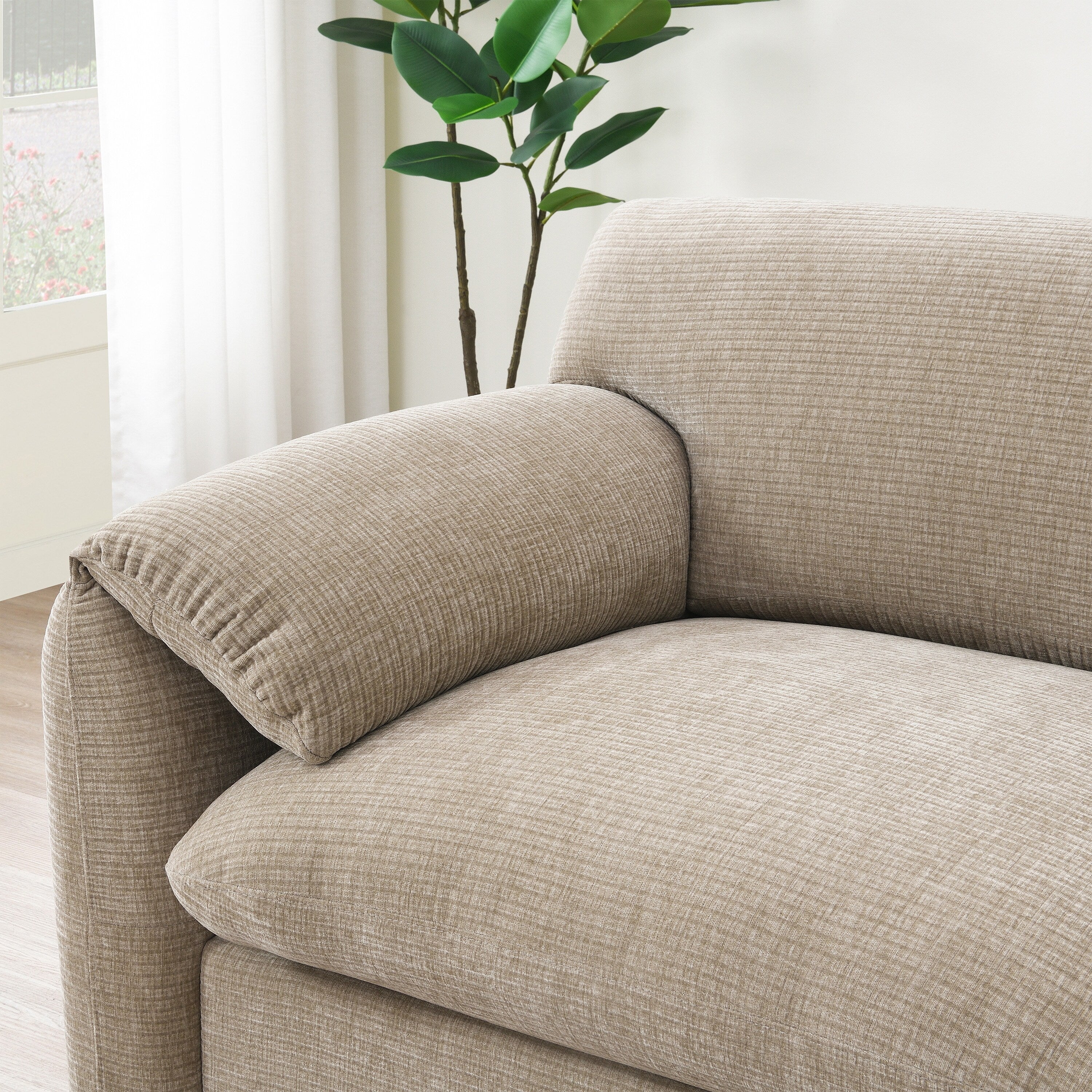 Canapé sectionnel modulaire en chenille de 108 pouces avec ports USB et Type-C, supports pour téléphone, poches de rangement latérales et pouf amovible