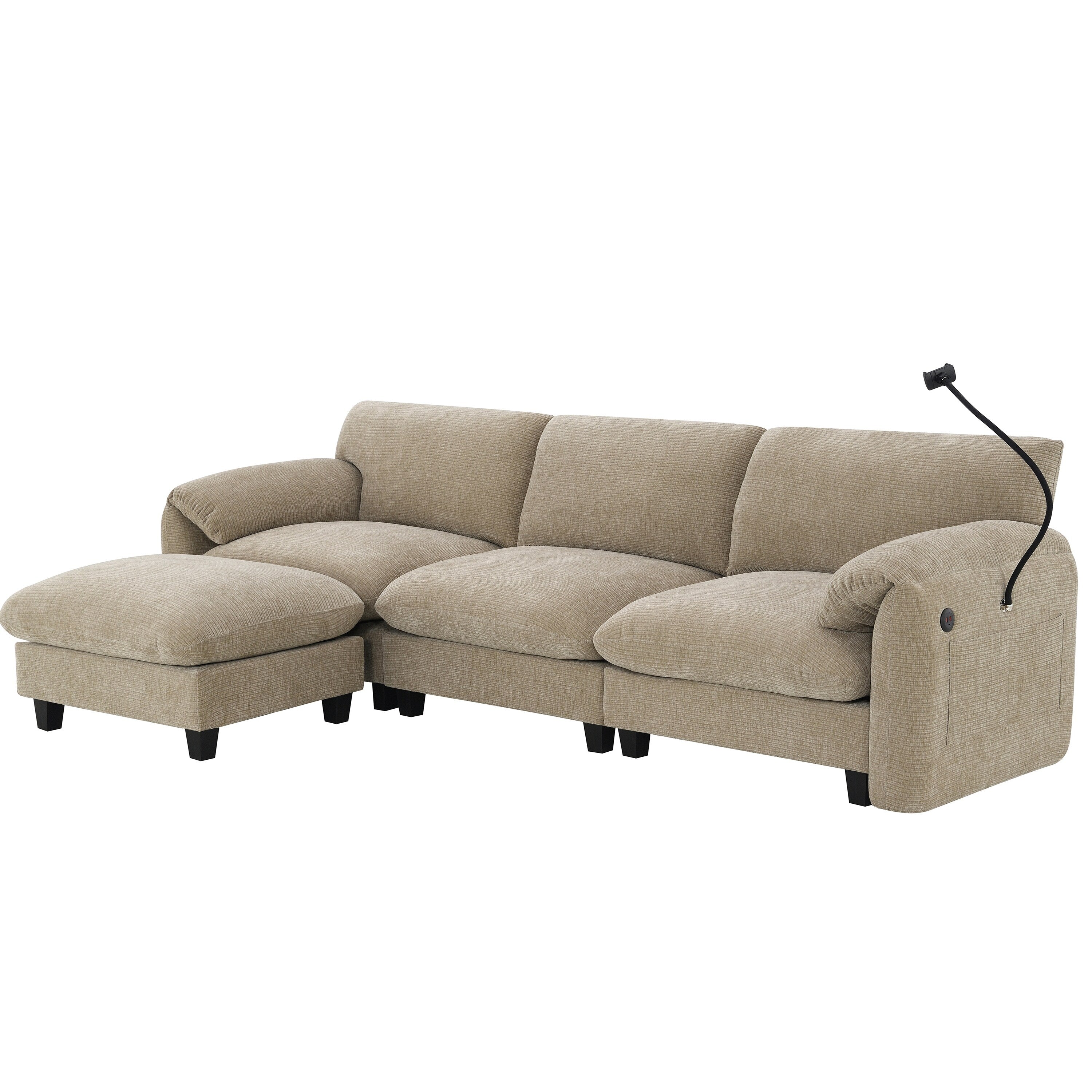 Canapé sectionnel modulaire en chenille de 108 pouces avec ports USB et Type-C, supports pour téléphone, poches de rangement latérales et pouf amovible