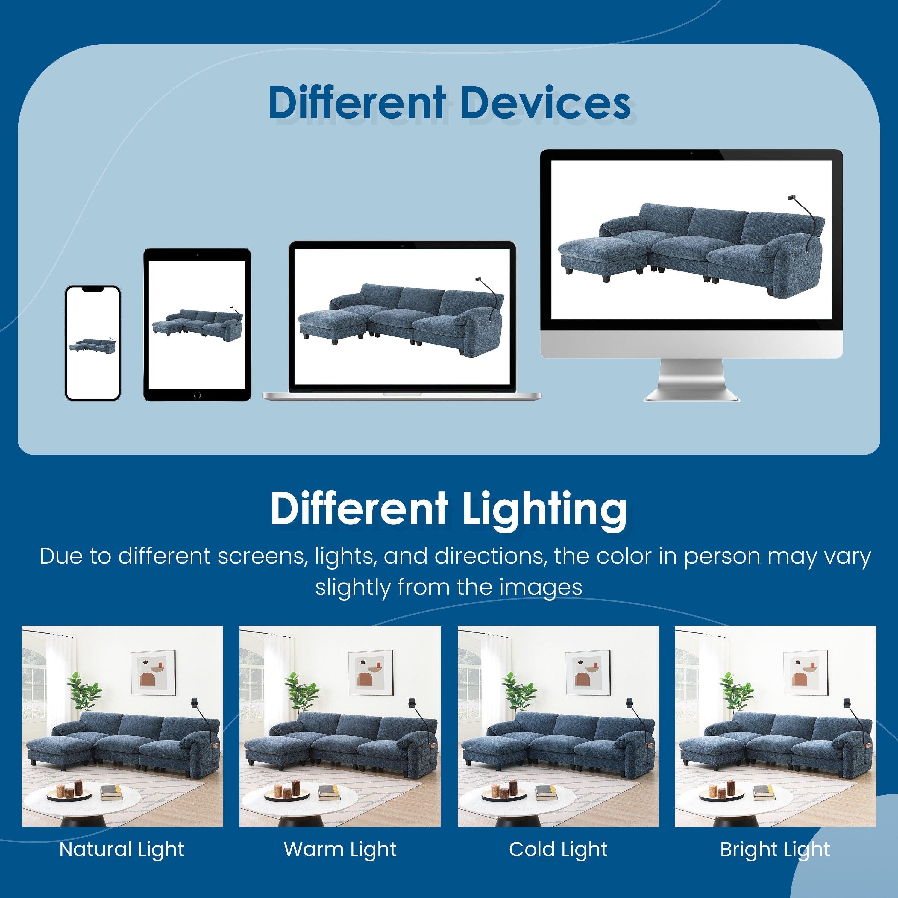 Canapé sectionnel modulaire en chenille de 108 pouces avec ports USB et Type-C, supports pour téléphone, poches de rangement latérales et pouf amovible