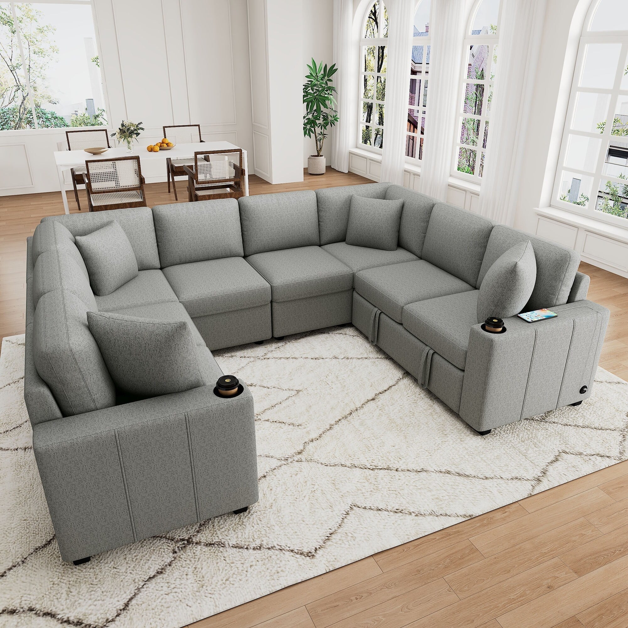 Canapé sectionnel modulaire en U de 108 pouces avec canapé-lit gigogne, ports USB et deux porte-gobelets pour le salon