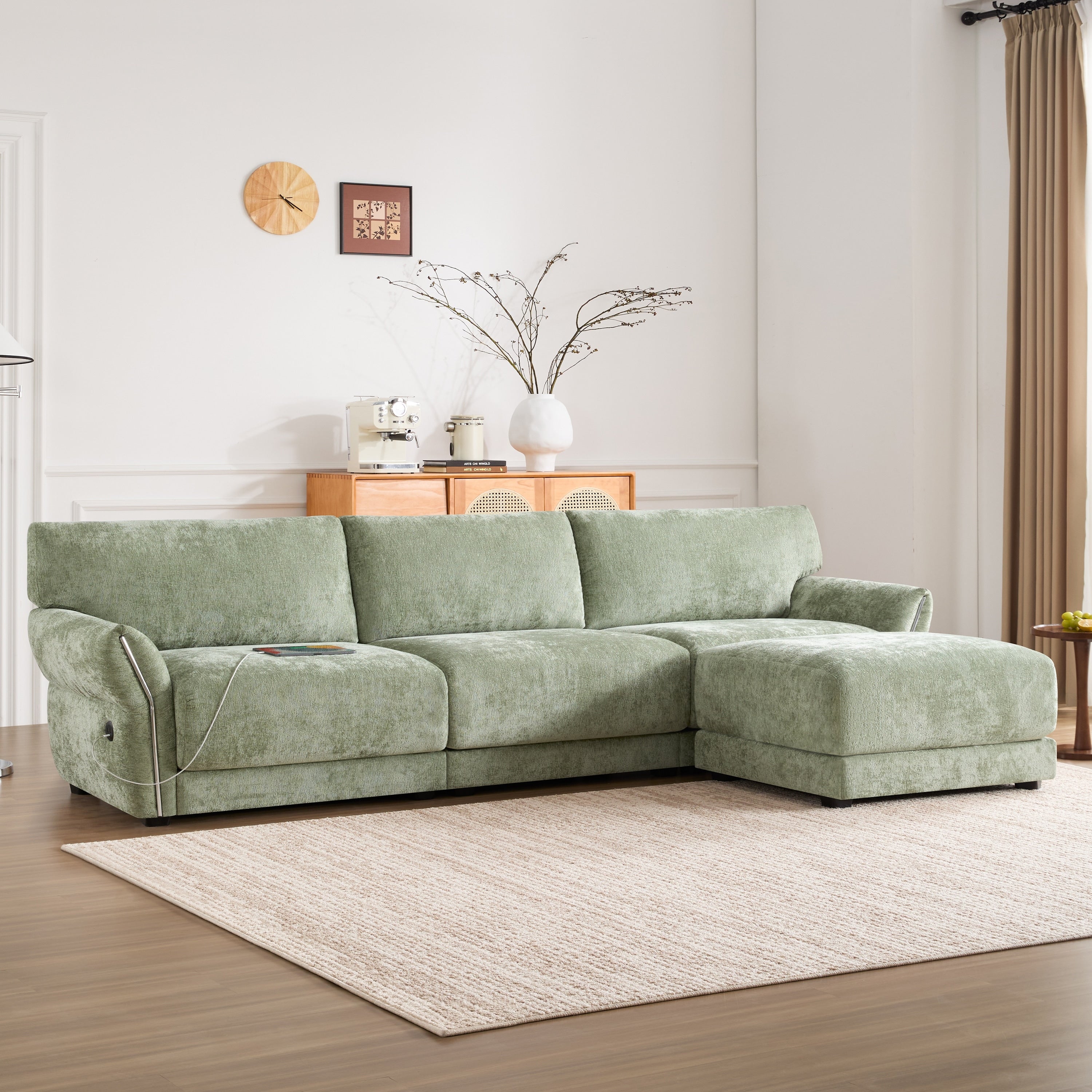 Canapé sectionnel en chenille de 110 pouces en forme de L avec chargement USB et Type-C, accoudoirs en pétales et pouf amovible pour le salon