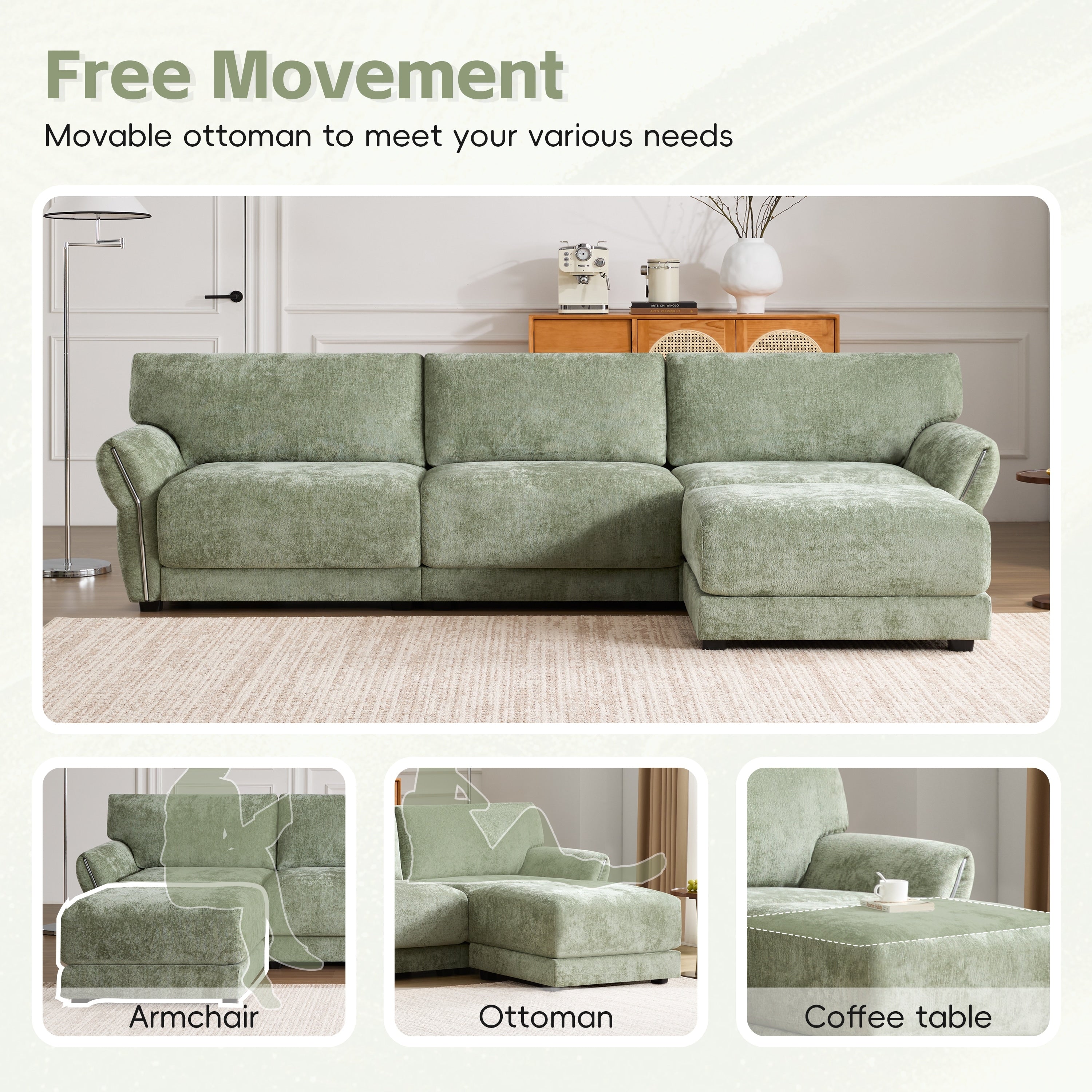 Canapé sectionnel en chenille de 110 pouces en forme de L avec chargement USB et Type-C, accoudoirs en pétales et pouf amovible pour le salon