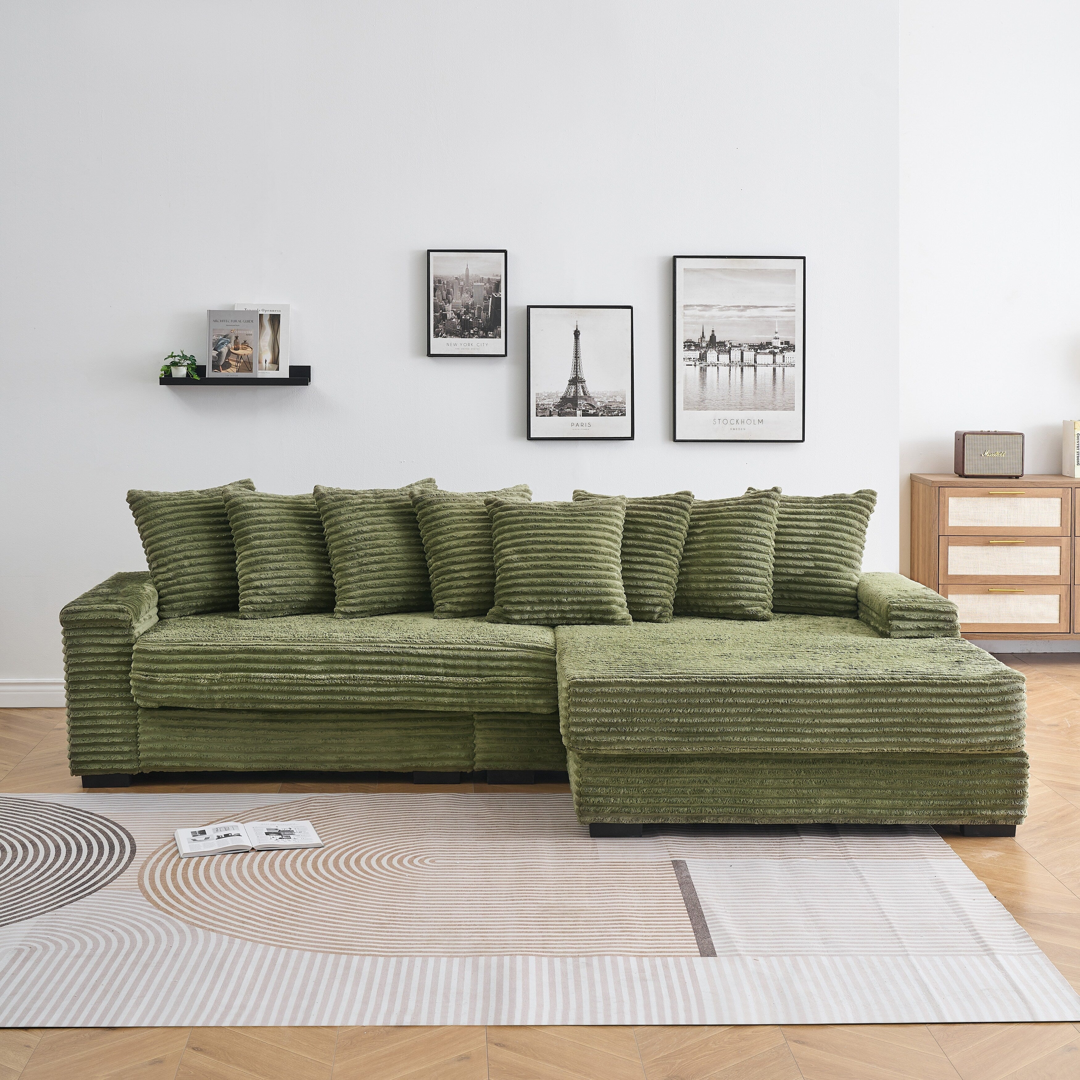 Canapé en velours côtelé en forme de L avec 8 coussins et repose-pieds