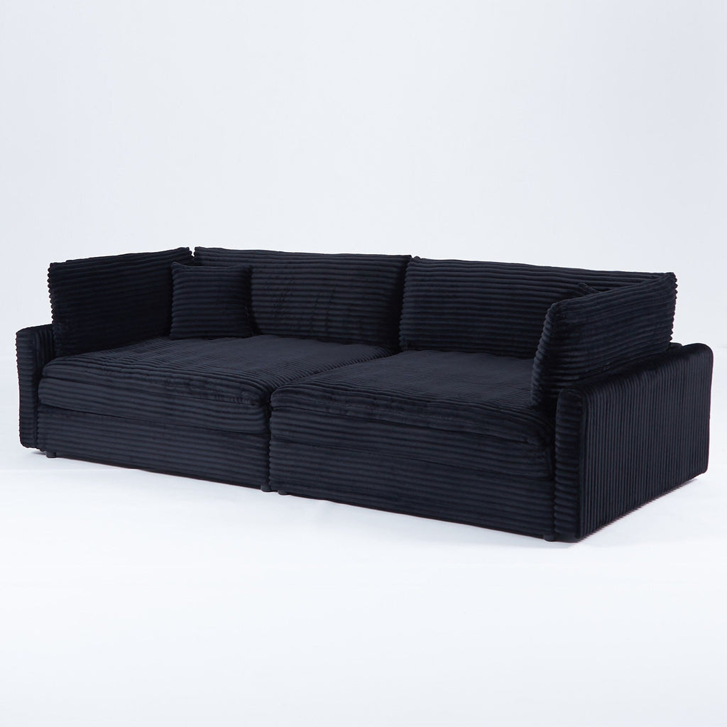 Canapé en velours côtelé noir de 112 pouces : deux coussins décoratifs, quatre dossiers, ouvrant un nouveau style pour l'espace décontracté du salon