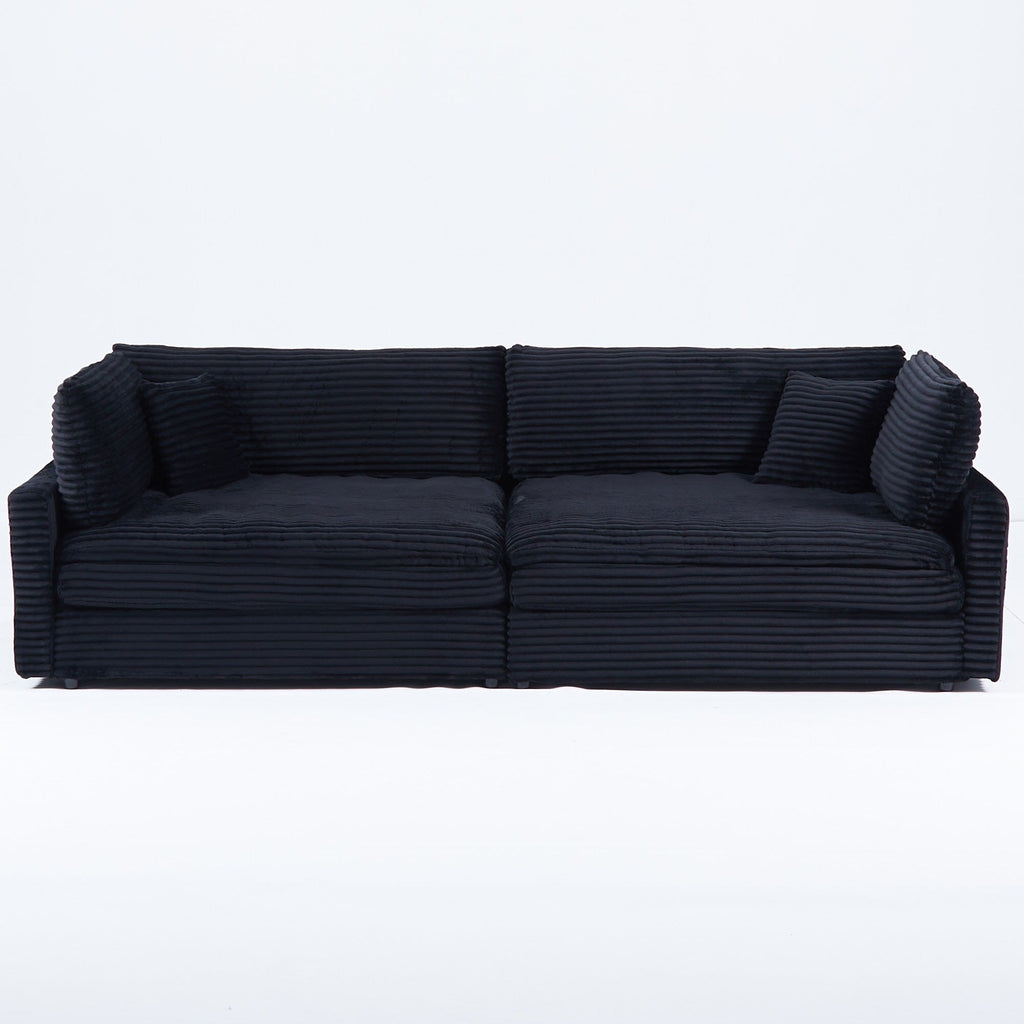 Canapé en velours côtelé noir de 112 pouces : deux coussins décoratifs, quatre dossiers, ouvrant un nouveau style pour l'espace décontracté du salon