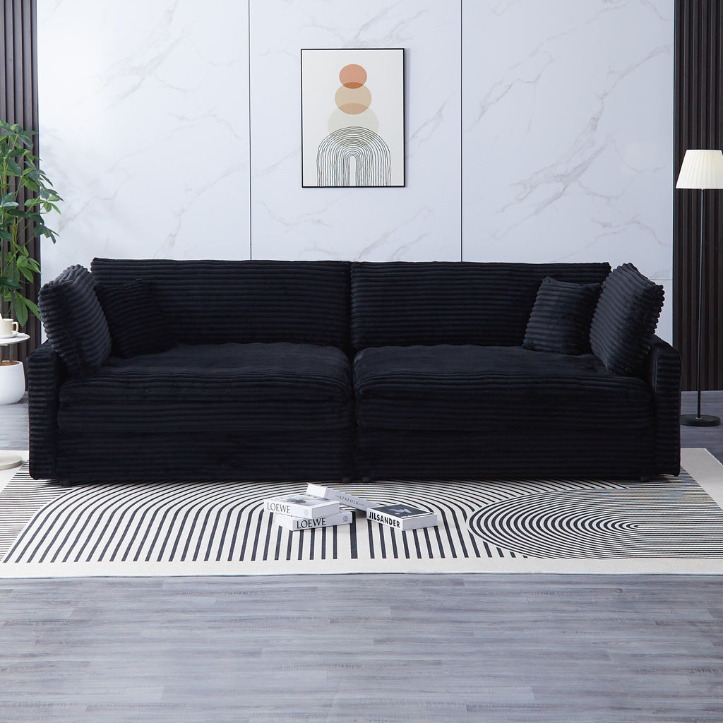 Canapé en velours côtelé noir de 112 pouces : deux coussins décoratifs, quatre dossiers, ouvrant un nouveau style pour l'espace décontracté du salon