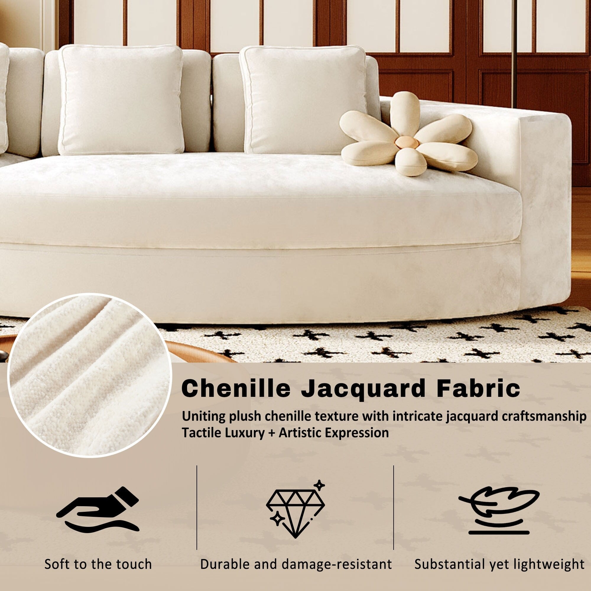 Canapé modulaire 115.7 Pure Foam, ensemble 2 pièces avec 5 coussins, 4 places, tissu chenille jacquard, design incurvé