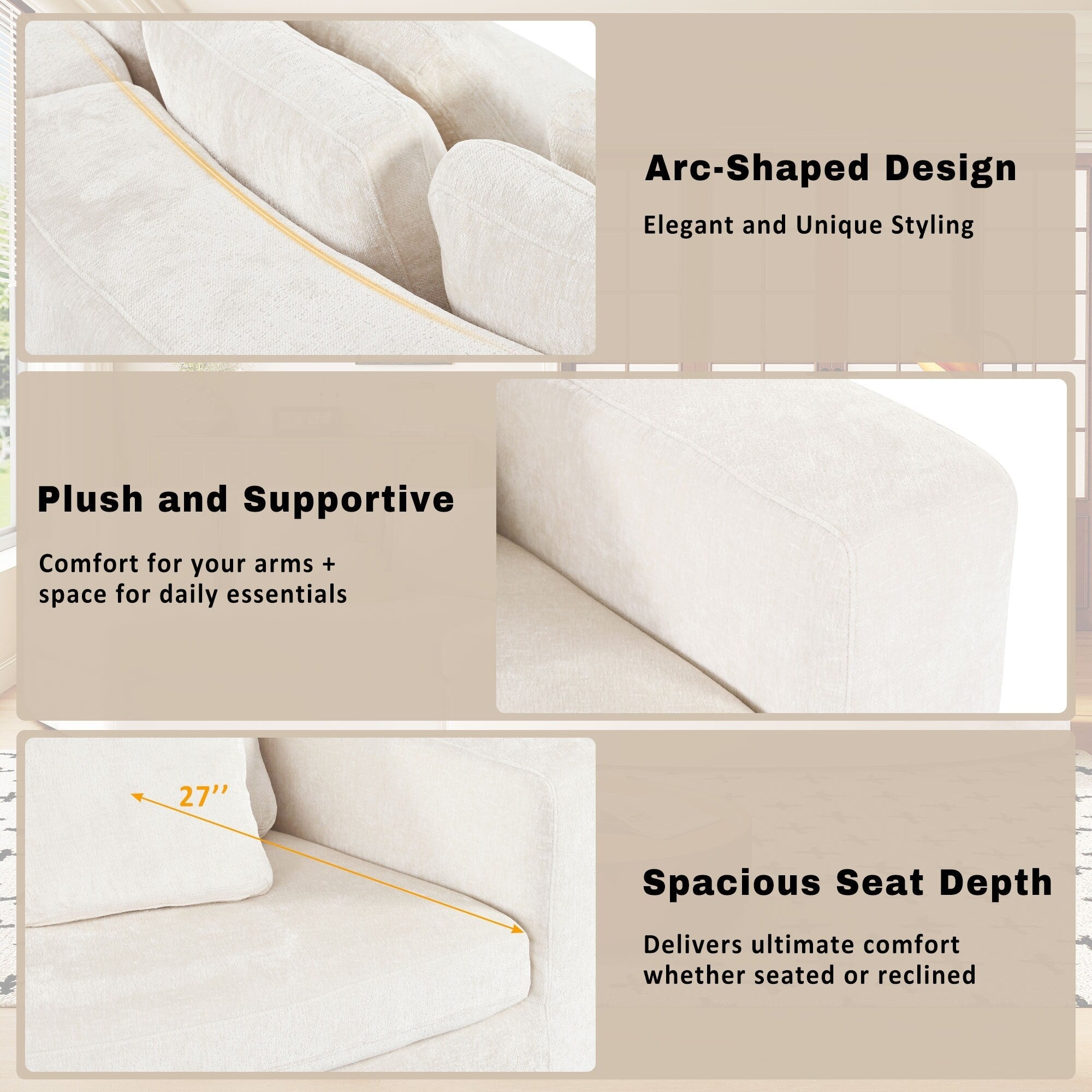 Canapé modulaire 115.7 Pure Foam, ensemble 2 pièces avec 5 coussins, 4 places, tissu chenille jacquard, design incurvé