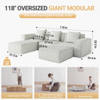Canapé-lit convertible modulaire 3 places de 118 pouces avec repose-pieds en velours blanc nuage