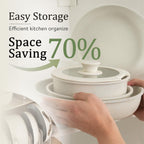 Ensemble de 11 casseroles et poêles antiadhésives, poignée amovible, batterie de cuisine pour camping-car, compatible four, blanc crème