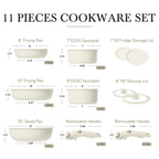 Ensemble de 11 casseroles et poêles antiadhésives, poignée amovible, batterie de cuisine pour camping-car, compatible four, blanc crème