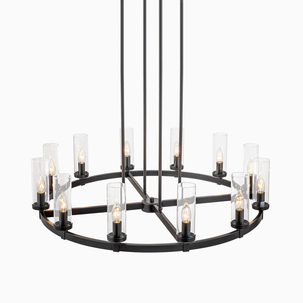 Lustre à 12 lumières en forme de roue de chariot, style moderne du milieu du siècle, en verre transparent, de couleur or/noir, grand modèle